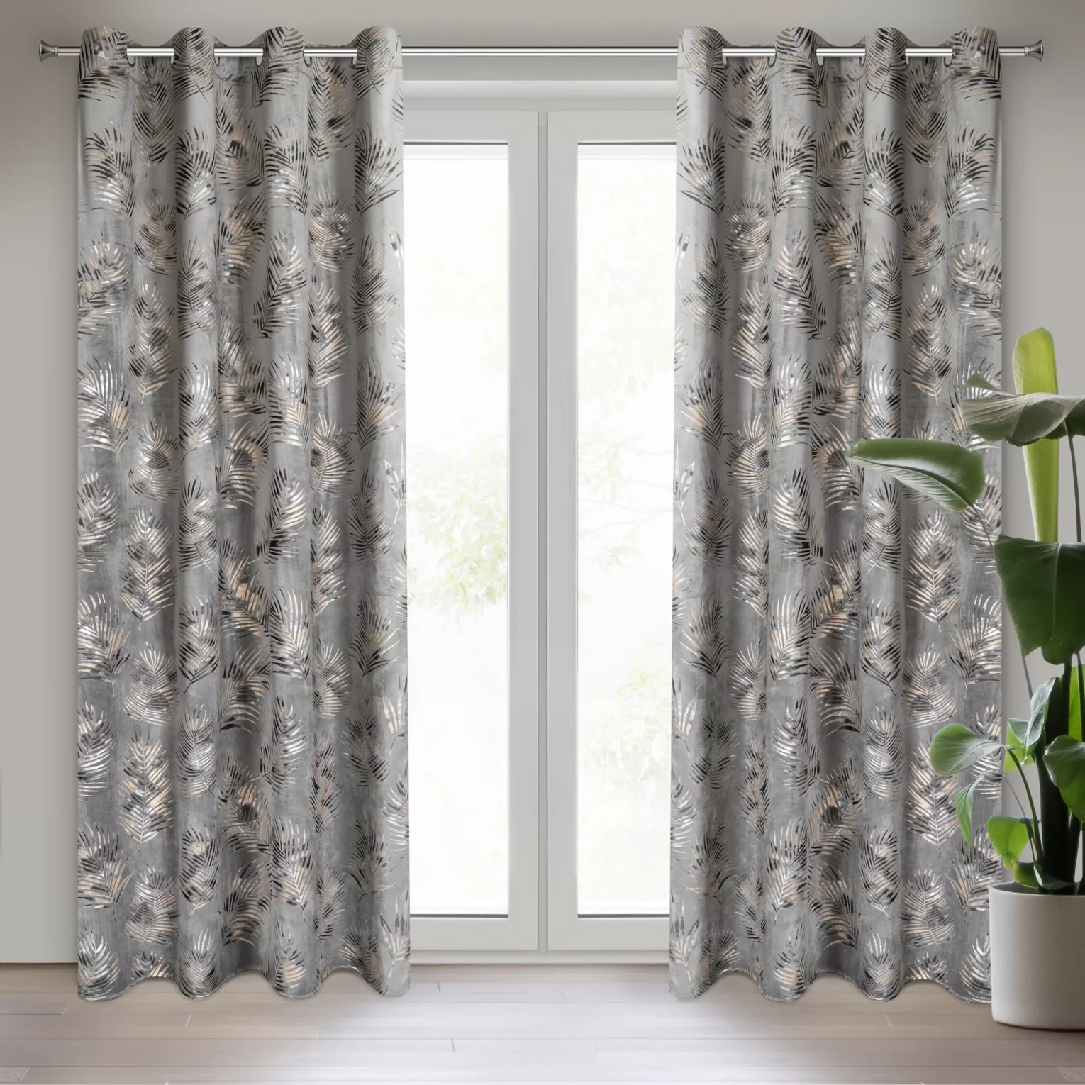 Zasłona stalowo, szampańska w złote liście palmy z welwetu 140x250 cm przelotka GLORIA 2 Eurofirany