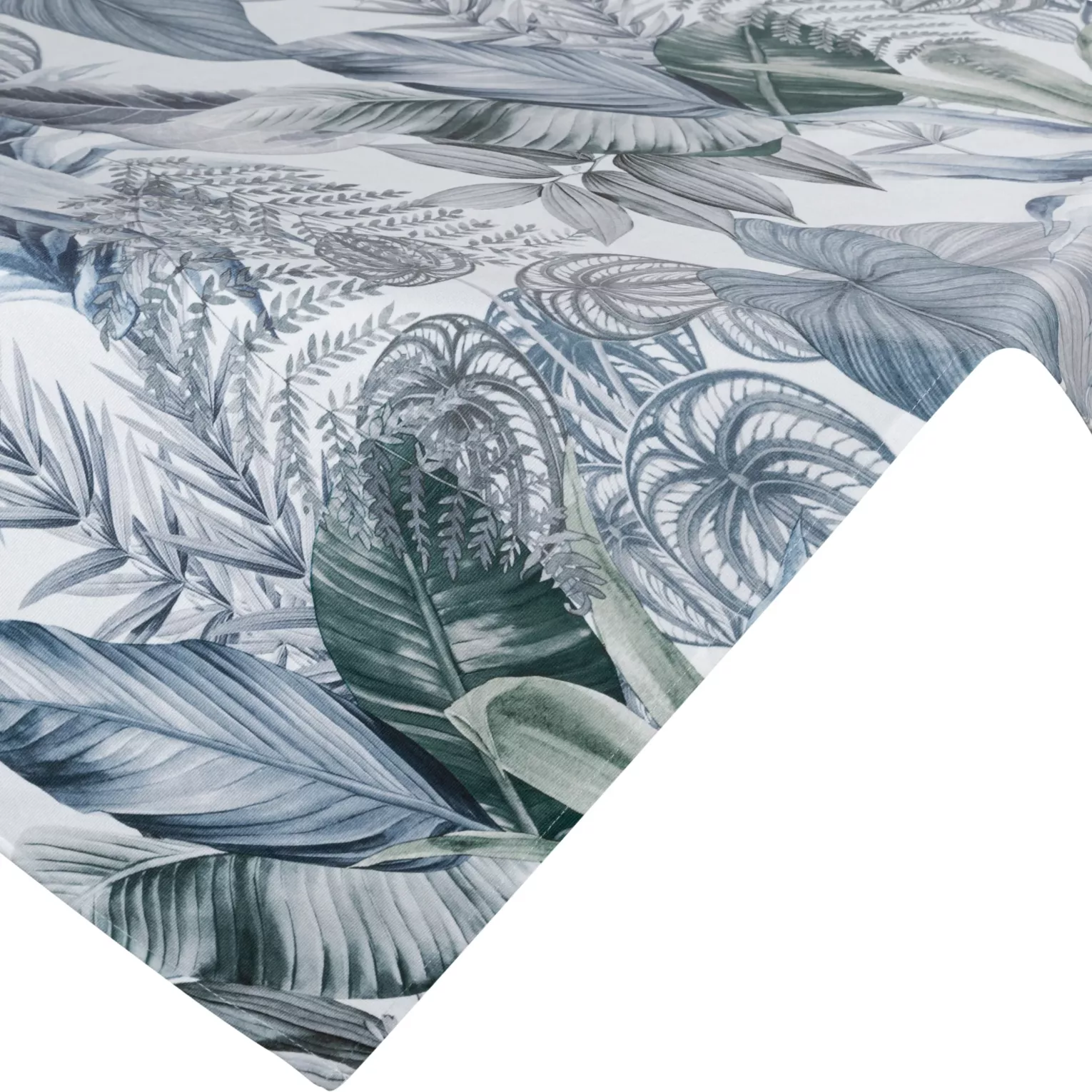 Bieżnik na stół 85x85 cm biało, zielony welwetowy DAVOS zdobiony nadrukiem egzotycznych liści DESIGN 91