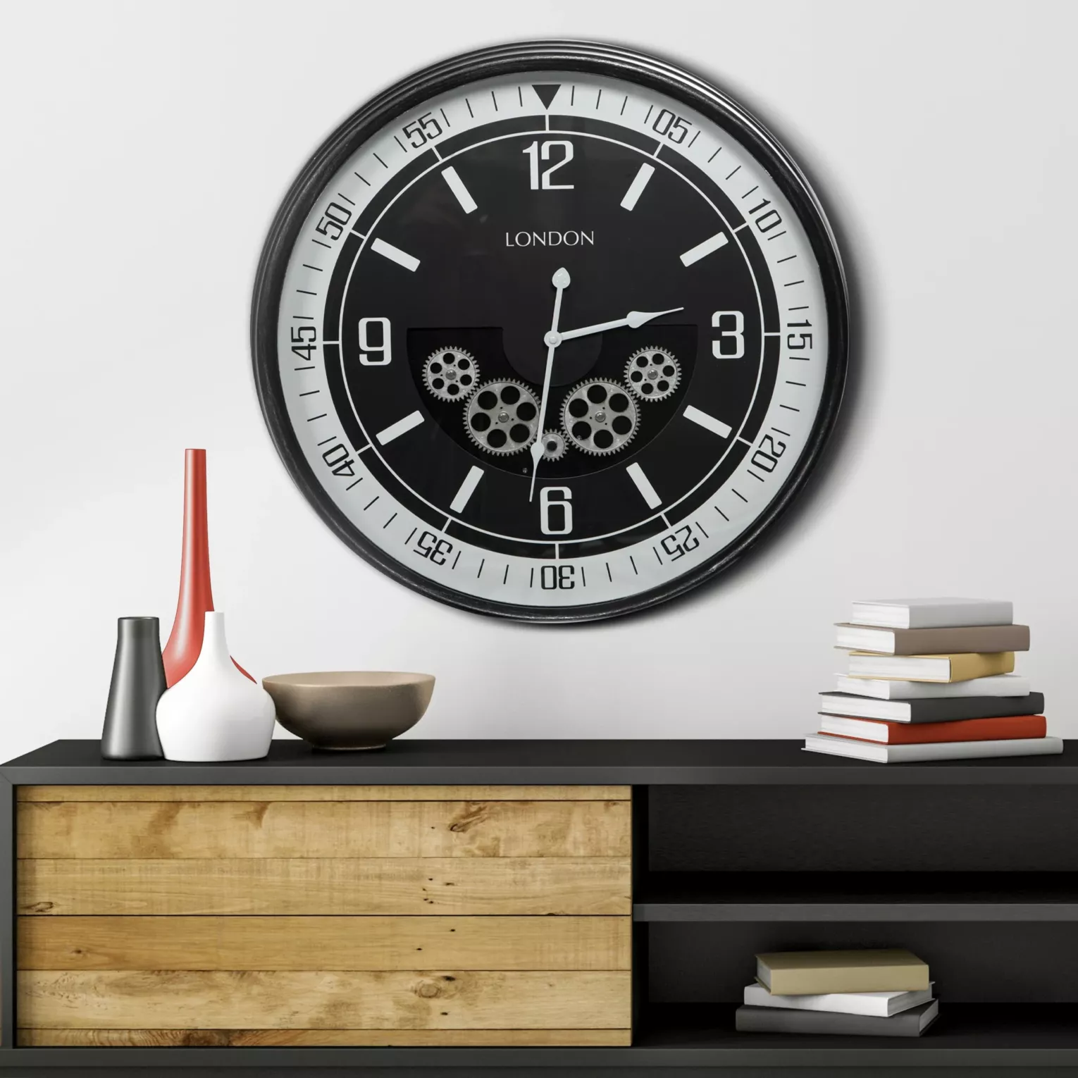 Zegar ścienny czarno-srebrny w stylu vintage z ruchomymi kołami zębatymi średnica 59x11 cm Eurofirany