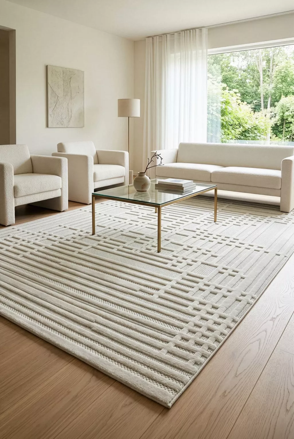 Dywan 60x100 cm kremowo, beżowy strukturalny, wytłaczany z nowoczesnym wzorem geometrycznych linii VENUS 2 Eurofirany