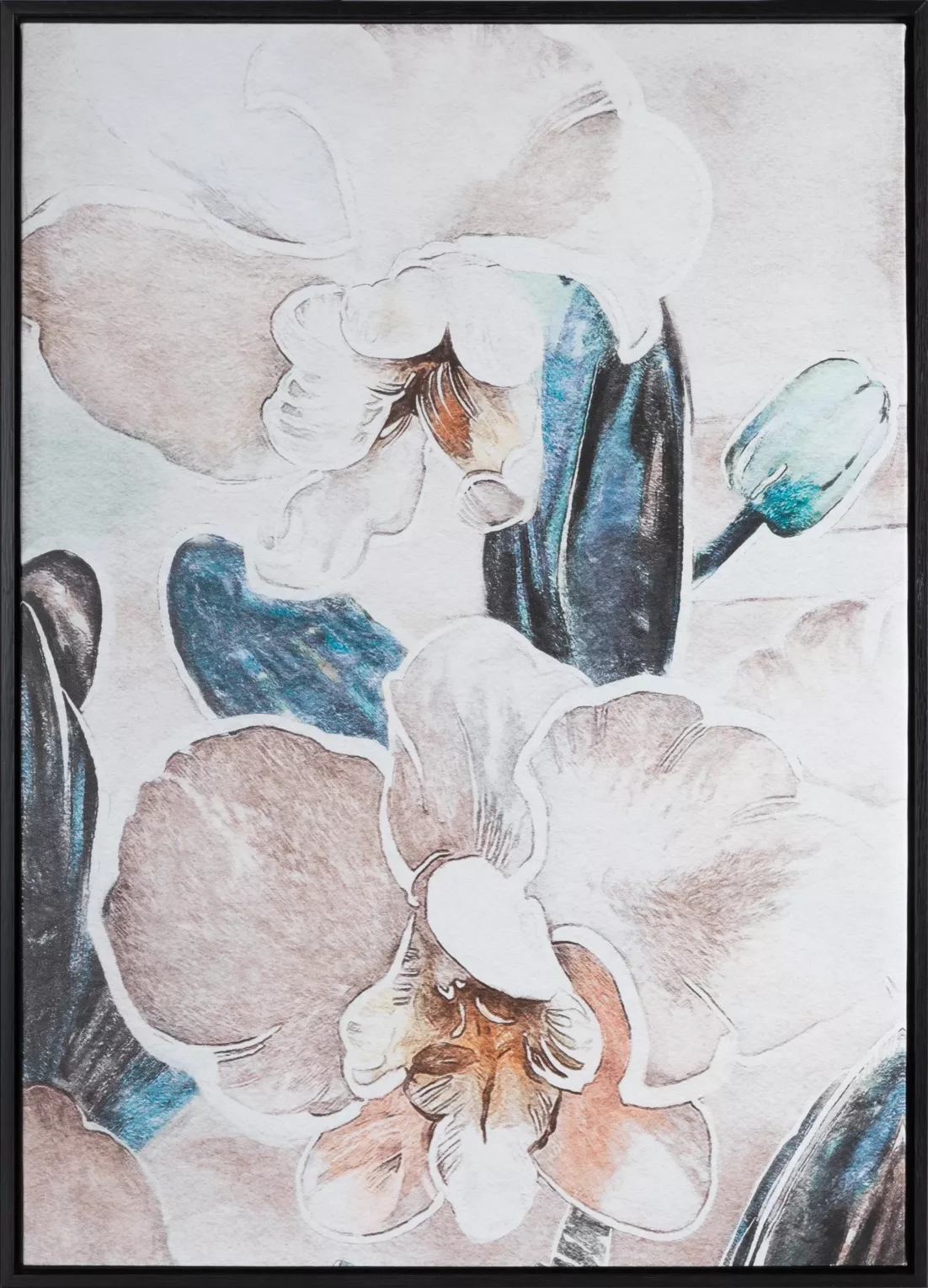 Obraz z kwiatami beżowo, turkusowy nadruk delikatnych storczyków na płótnie oprawiony w ramę 50x70 cm