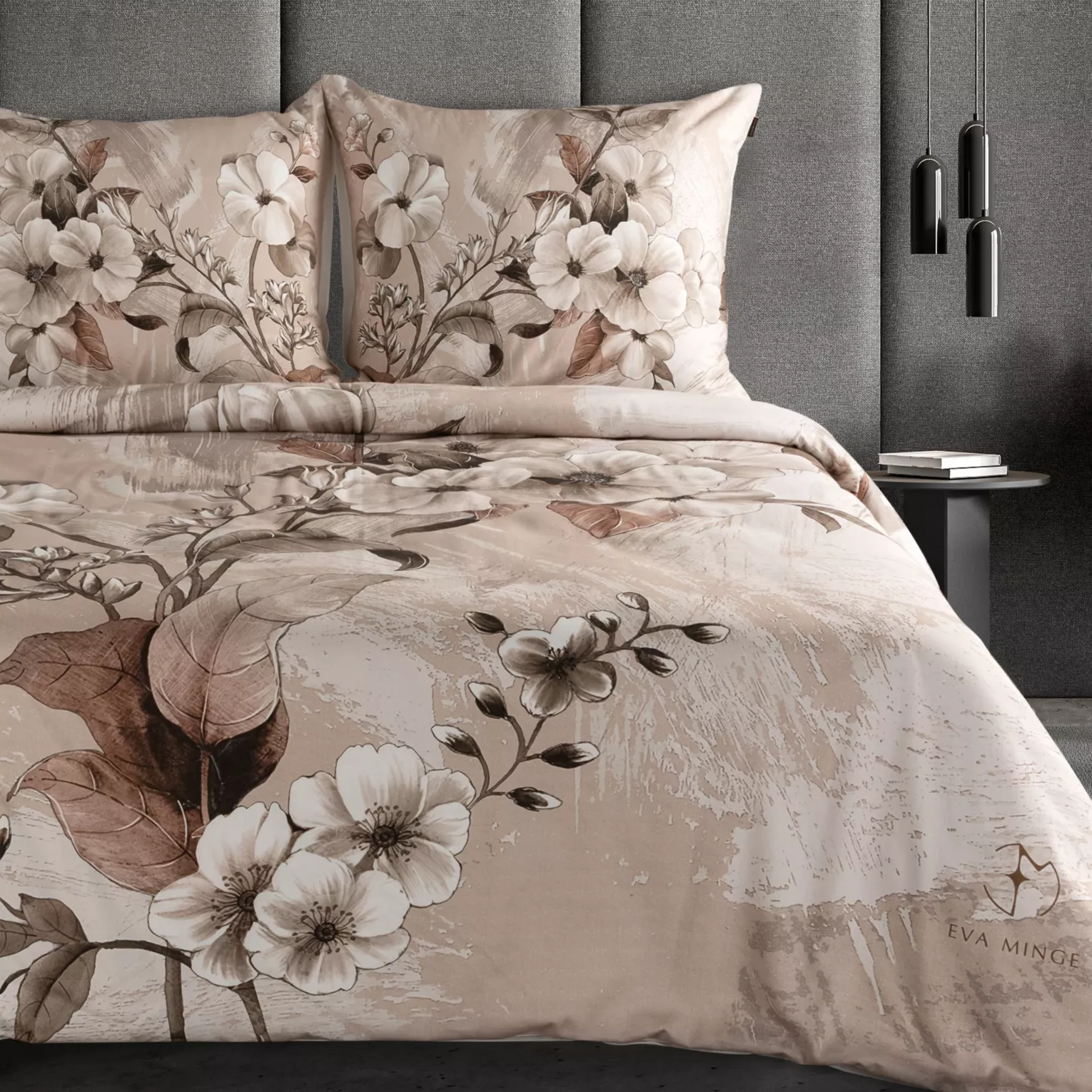 Pościel bawełniana z makosatyny 160x200 cm komplet 3 częściowy kolor ciemnobeżowy, jasnobrązowy z designerskim roślinnym nadrukiem  ESTERA Eva Minge Eurofirany