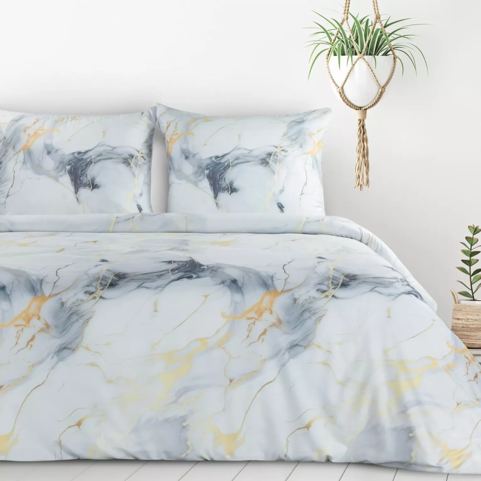 Pościel 160x200 cm komplet 3 częściowy kolor biało, stalowy z motywem marmurku VERANO 12 design 91 Eurofirany