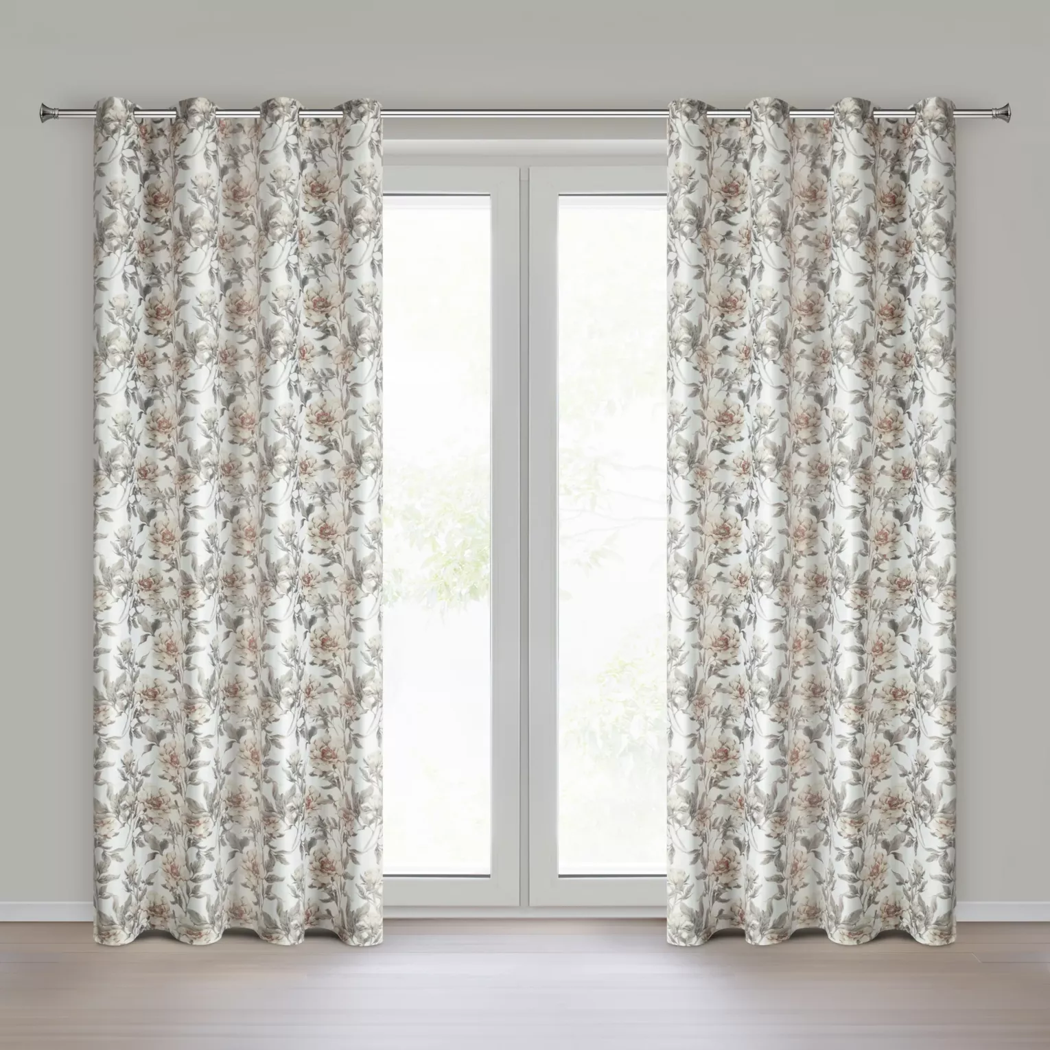 Zasłona biało, beżowa welwetowa z motywem kwiatów 140x250 cm przelotka - BEVERLY Eurofirany