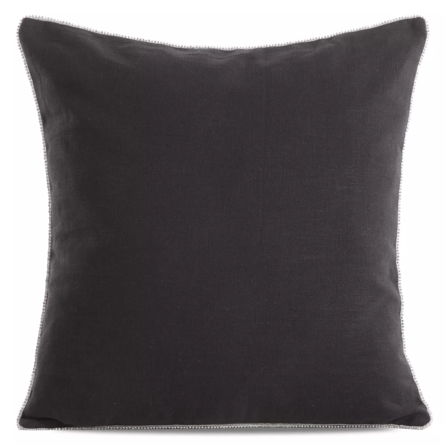 Poszewka na poduszkę 43x43 cm lniana z dodatkiem bawełny z pasmanterią z ozdobnymi cyrkoniami na brzegach czarna LEN Eurofirany