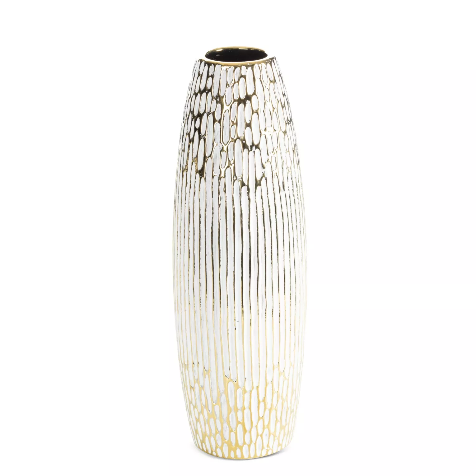 Wazon ceramiczny biało, złoty o ozdobnej fakturze 13x40 cm ANDREA Eurofirany