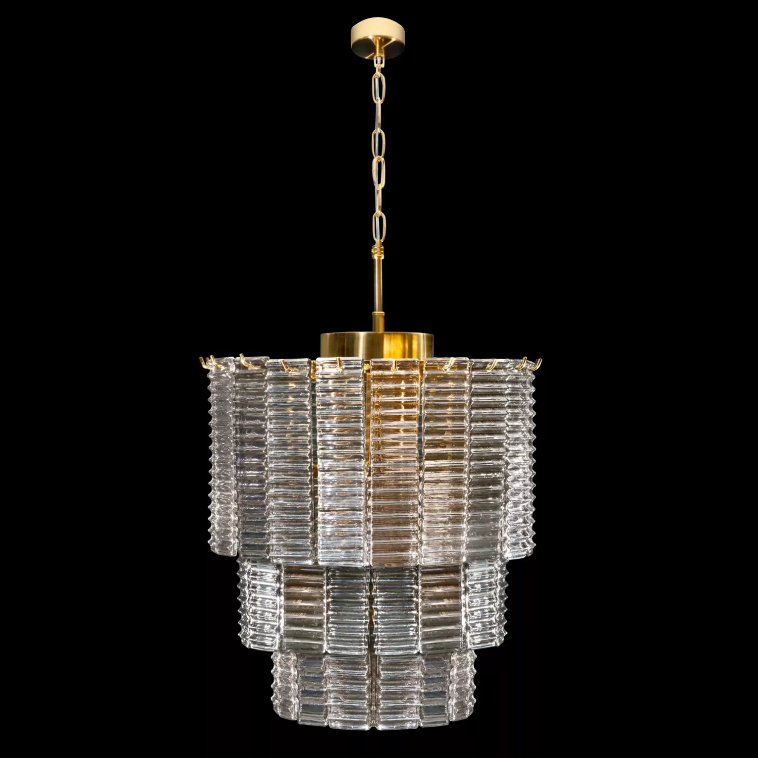 Lampa wisząca do salonu złota DALIA z prostokątnymi luźno zwisającymi szklanymi zawieszkami 42 x 50 cm DALIA Eurofirany