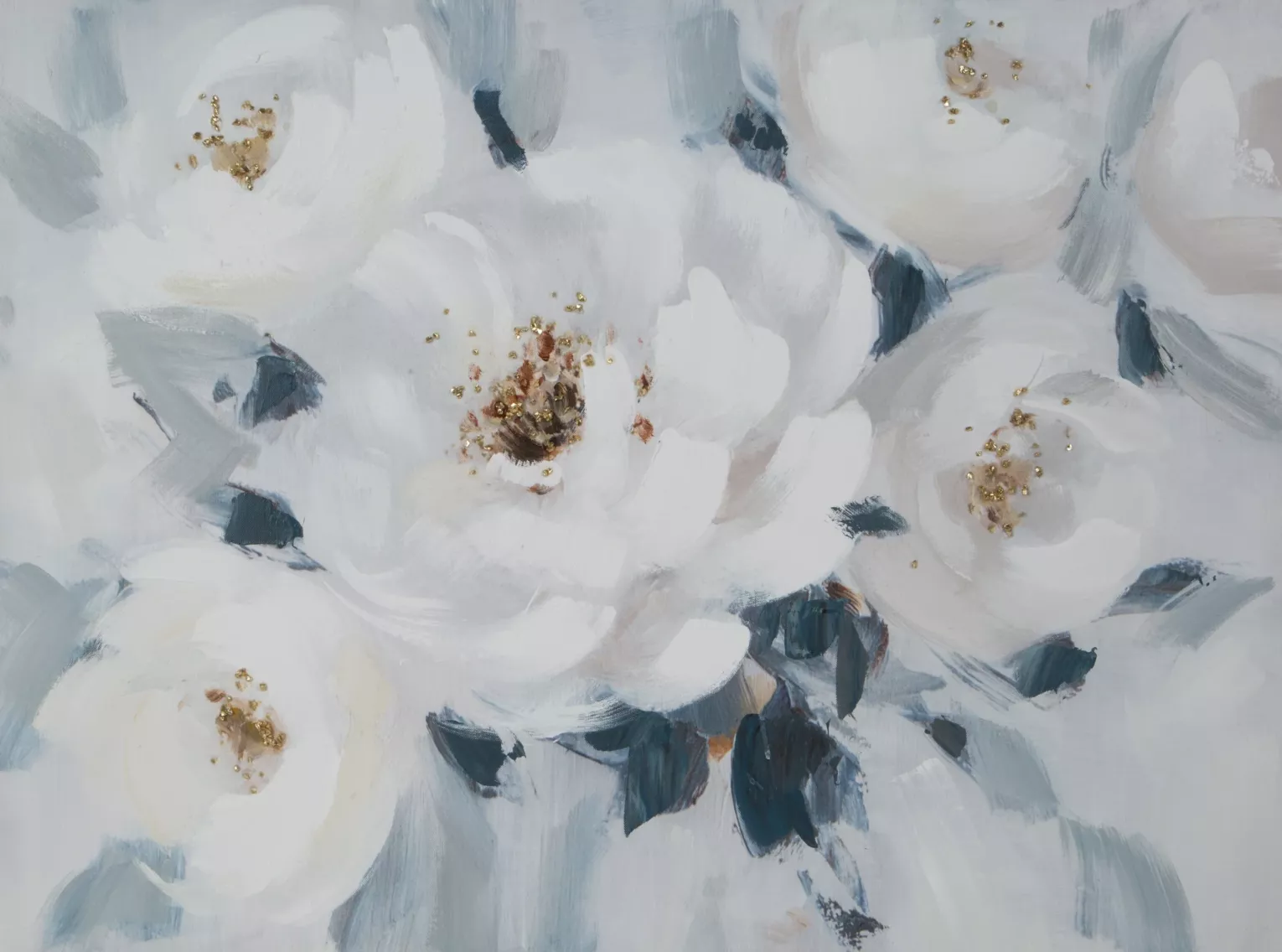 Obraz kwiatowy biało, jasnoniebieski ręcznie malowany na płótnie 80x60 cm  Eurofirany