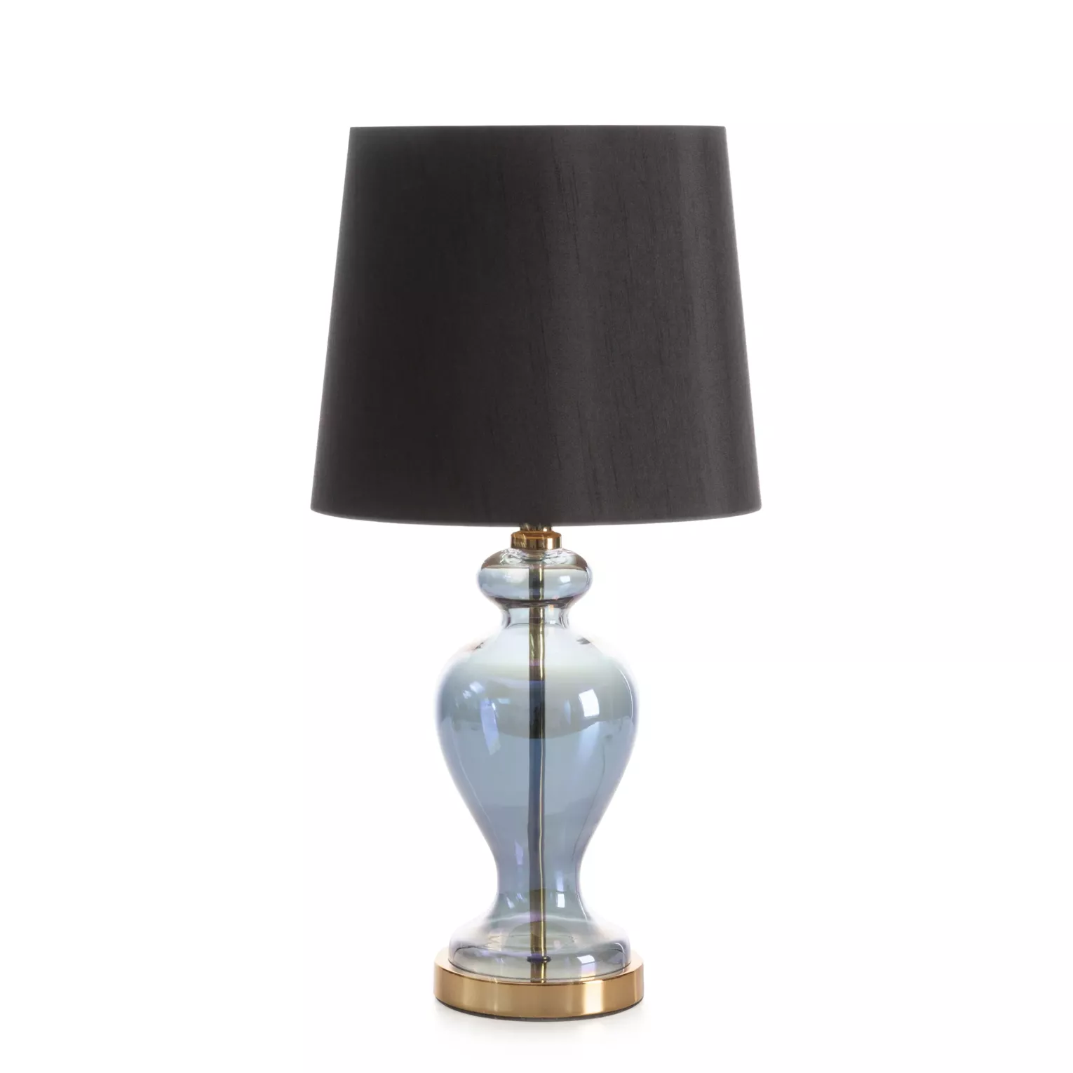 Lampa stołowa nocna czarno, złota na podstawie z przezroczystego szkła z abażurem z matowej tkaniny 21x48 cm EMILIO Eurofirany
