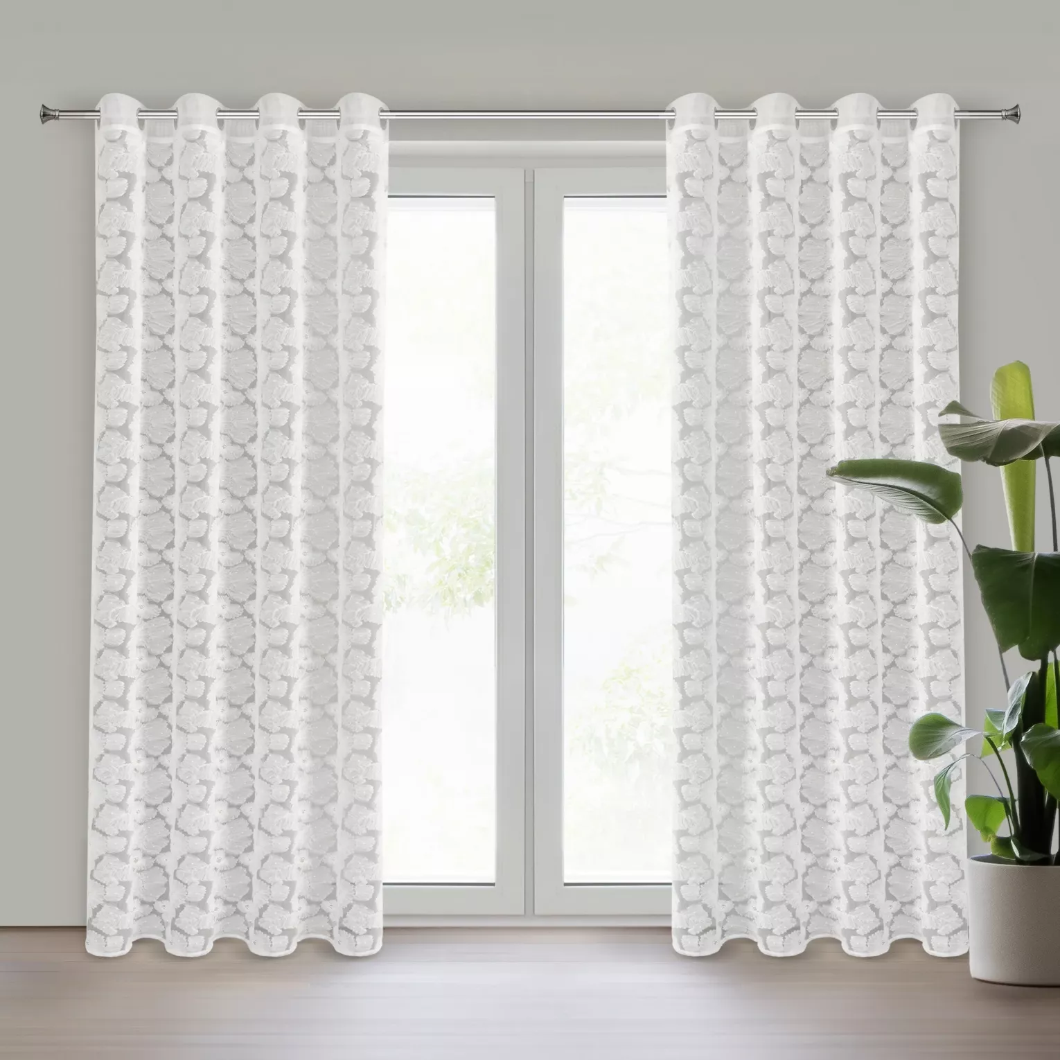 Zasłona biała z siateczki zdobiona kwiatami z dodatkiem drobnych perełek 3D 140x250 cm przelotka - JASMIN Eva Minge Eurofirany