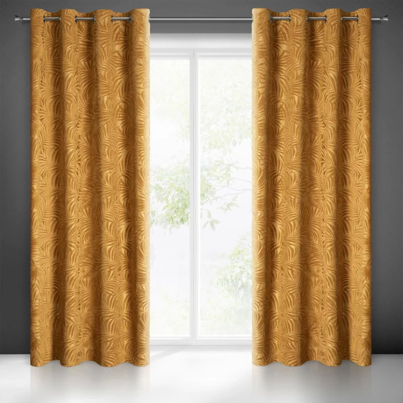 Zasłona złocista z trójwymiarowym wzorem liści, welwetowa 140x250 cm przelotka LIVIA Eurofirany