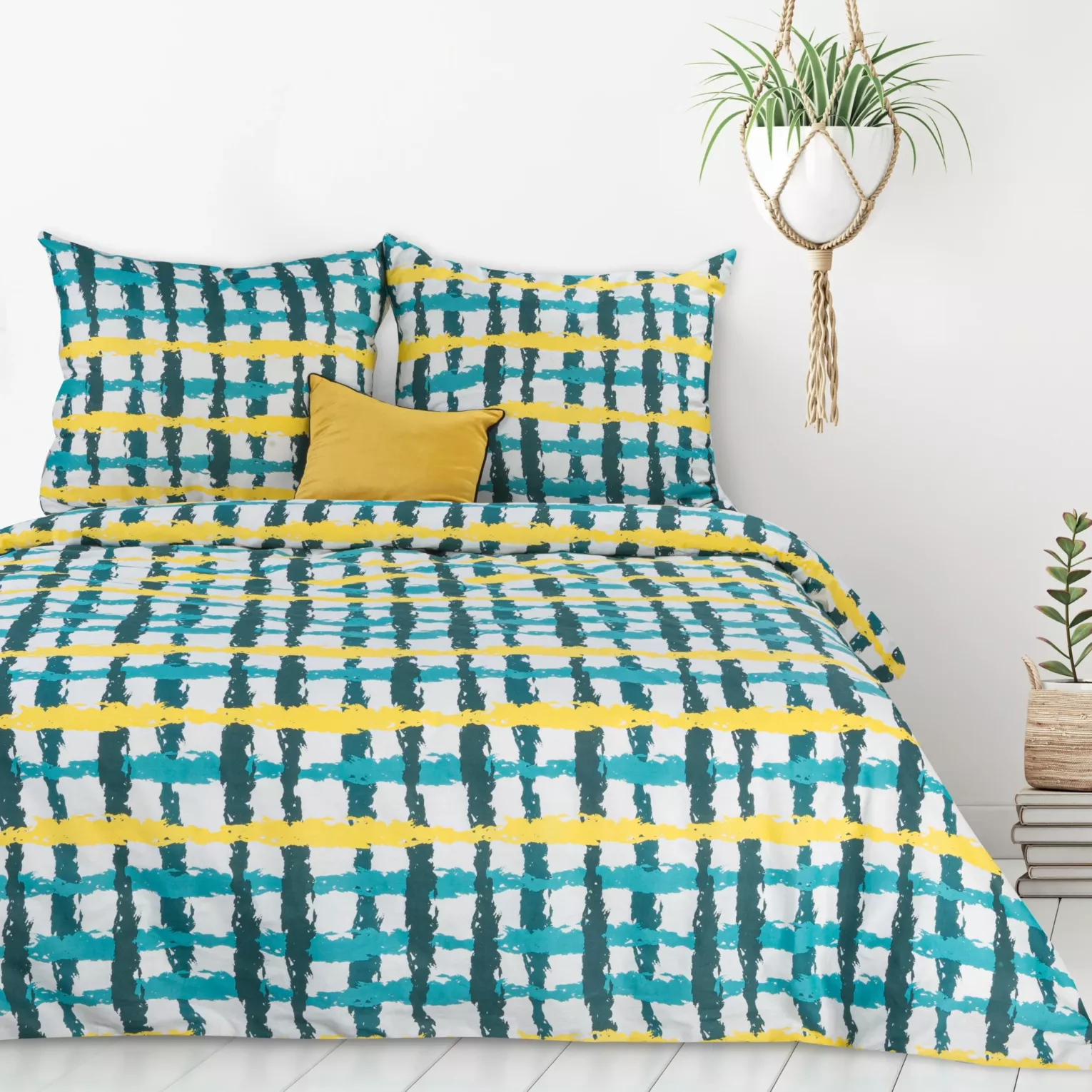 Pościel bawełniana 220x200 cm komplet 3 częściowy kolor turkusowy, żółty z motywem kraty Design 91 Eurofirany