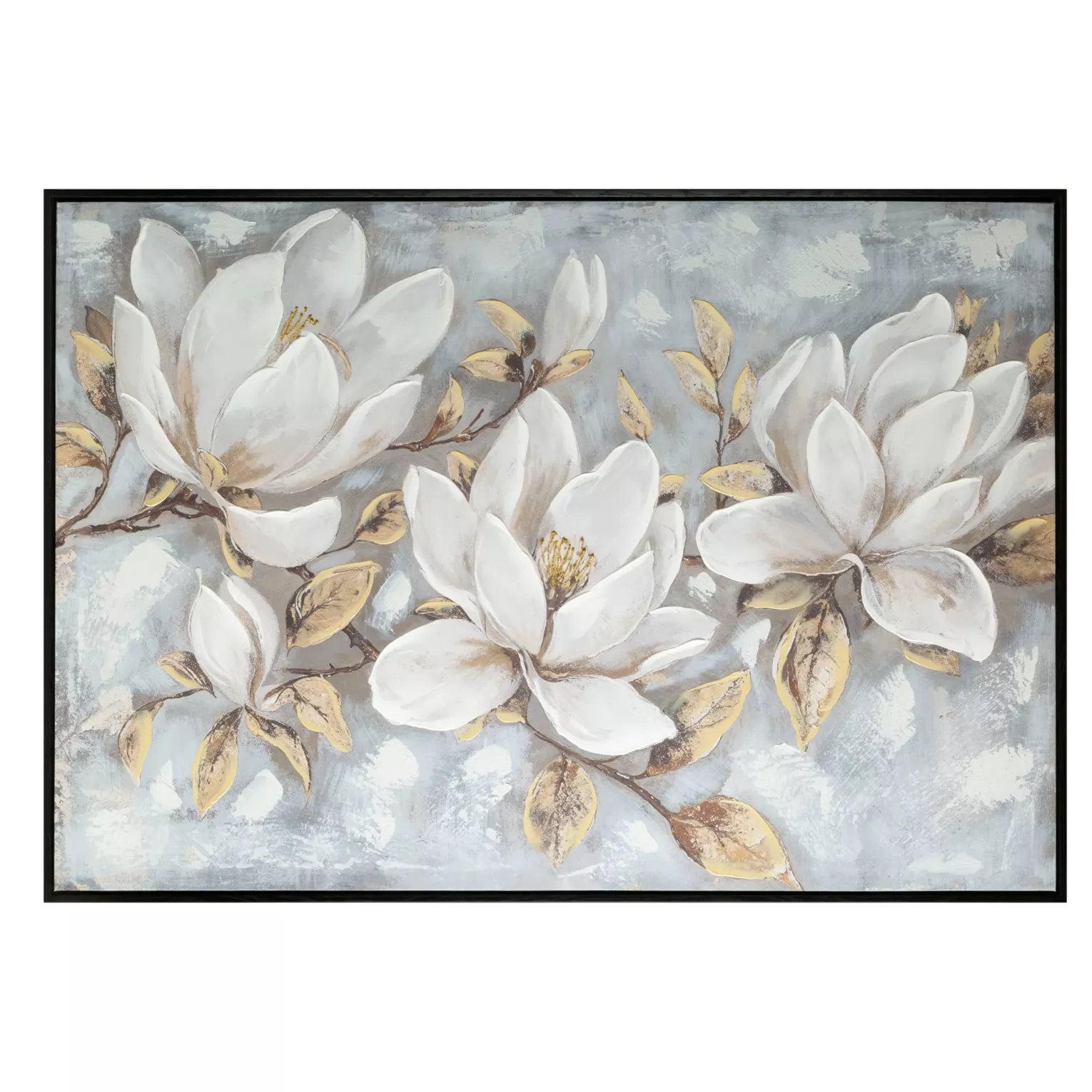 Obraz kremowo, beżowy ręcznie malowane magnolie na płótnie z błyszczącymi akcentami 100x70 cm Eurofirany