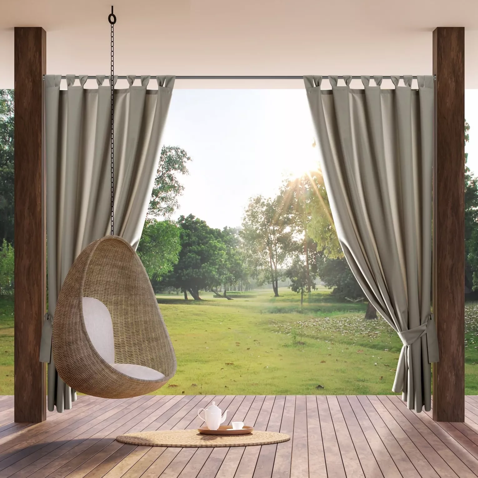 Zasłona beżowa z wodoodpornej tkaniny idealna do ogrodu i na taras 155x220 cm szelki/rzep GARDEN Eurofirany
