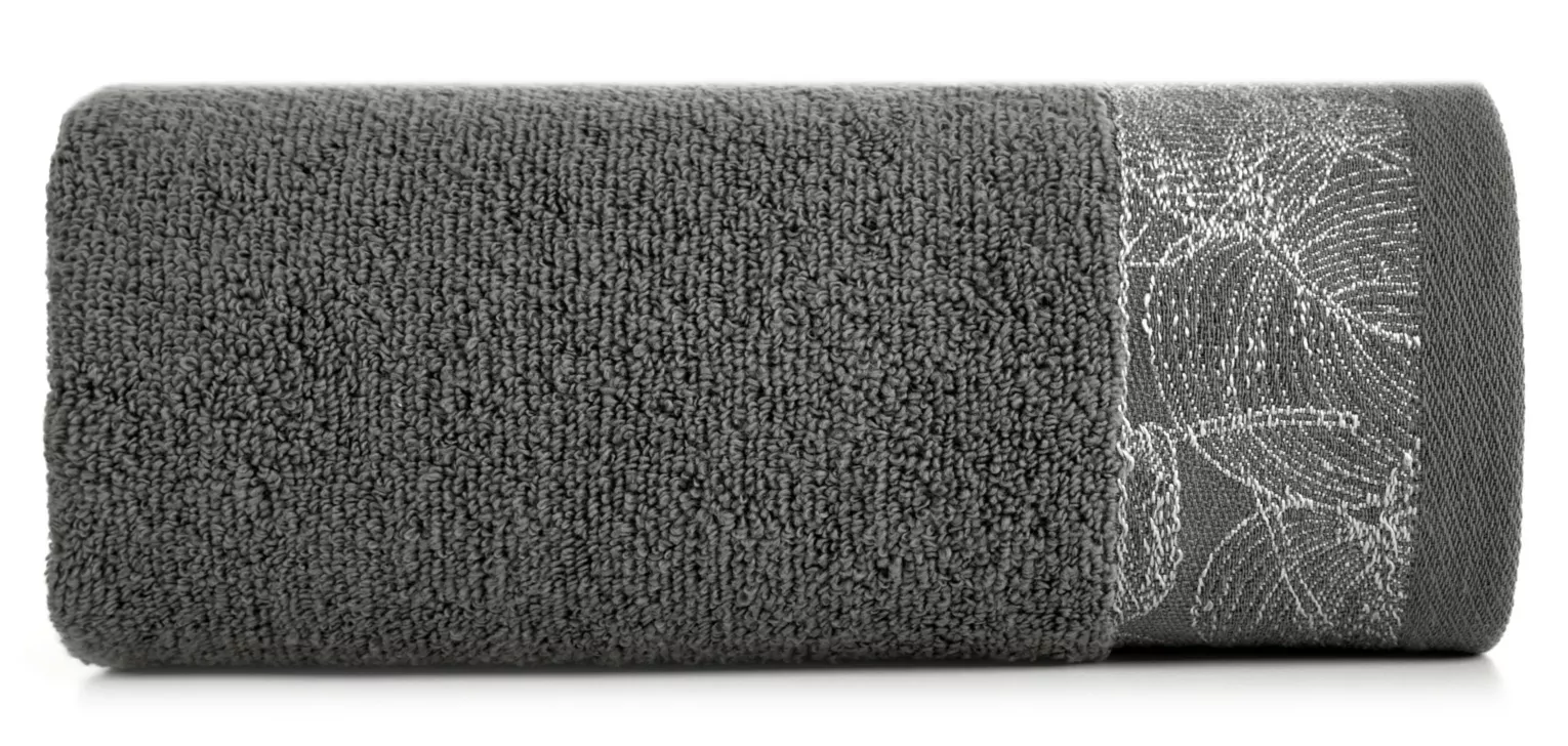 Ręcznik do rąk 30x50 cm bawełniany kolor stalowy,srebrny z żakardową bordiurą w liście 400 g/m2 AGIS Eurofirany