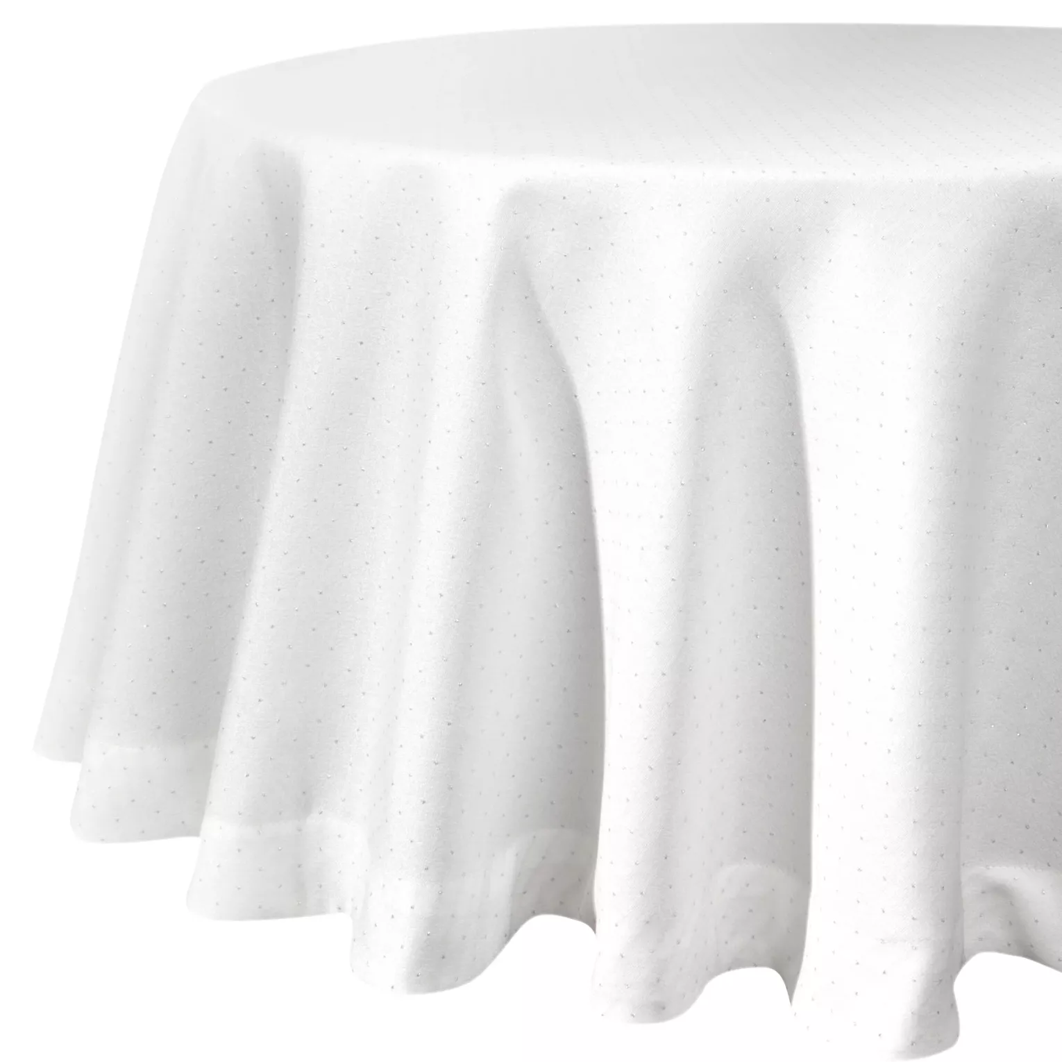 Obrus okrągły biały średnica 120 cm ELIZA zdobiony srebrną błyszczącą nicią z elegancką listwą