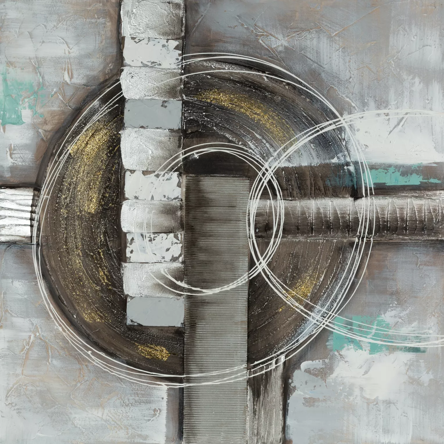 Obraz abstrakcja beżowo, turkusowy ręcznie malowany na płótnie 80x80 cm CIRCLE  Eurofirany
