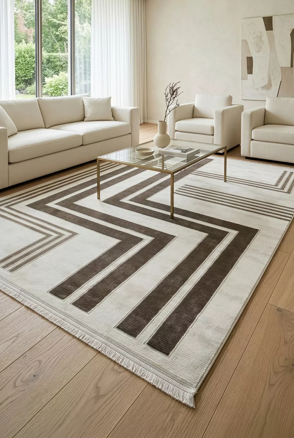 Dywan 60x100 cm biało, brązowy zdobiony motywem geometrycznym AURA 10 Eurofirany