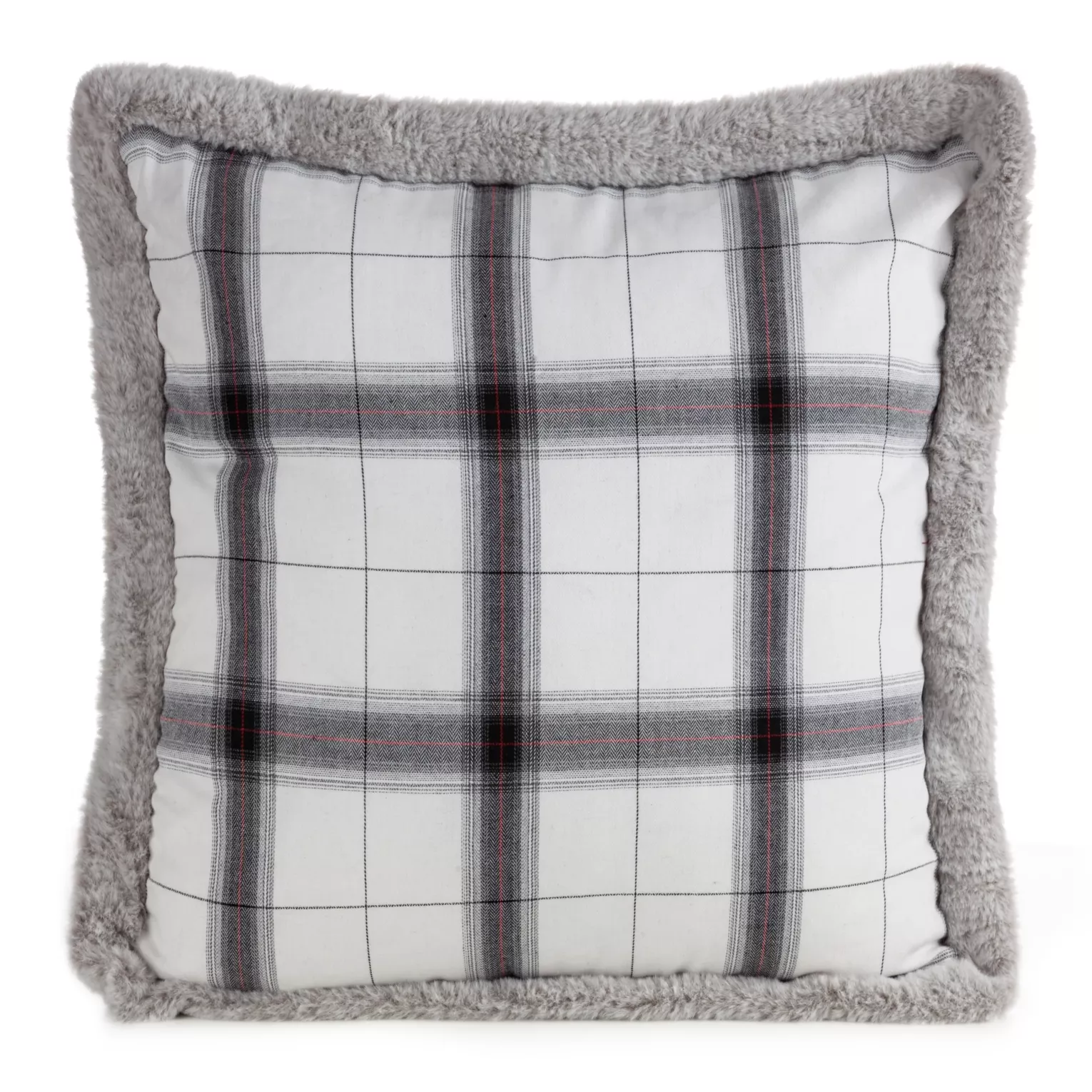Poszewka na poduszkę 45x45 cm bawełniana w kratkę z bokami obszytymi futerkiem biało, stalowa Eurofirany