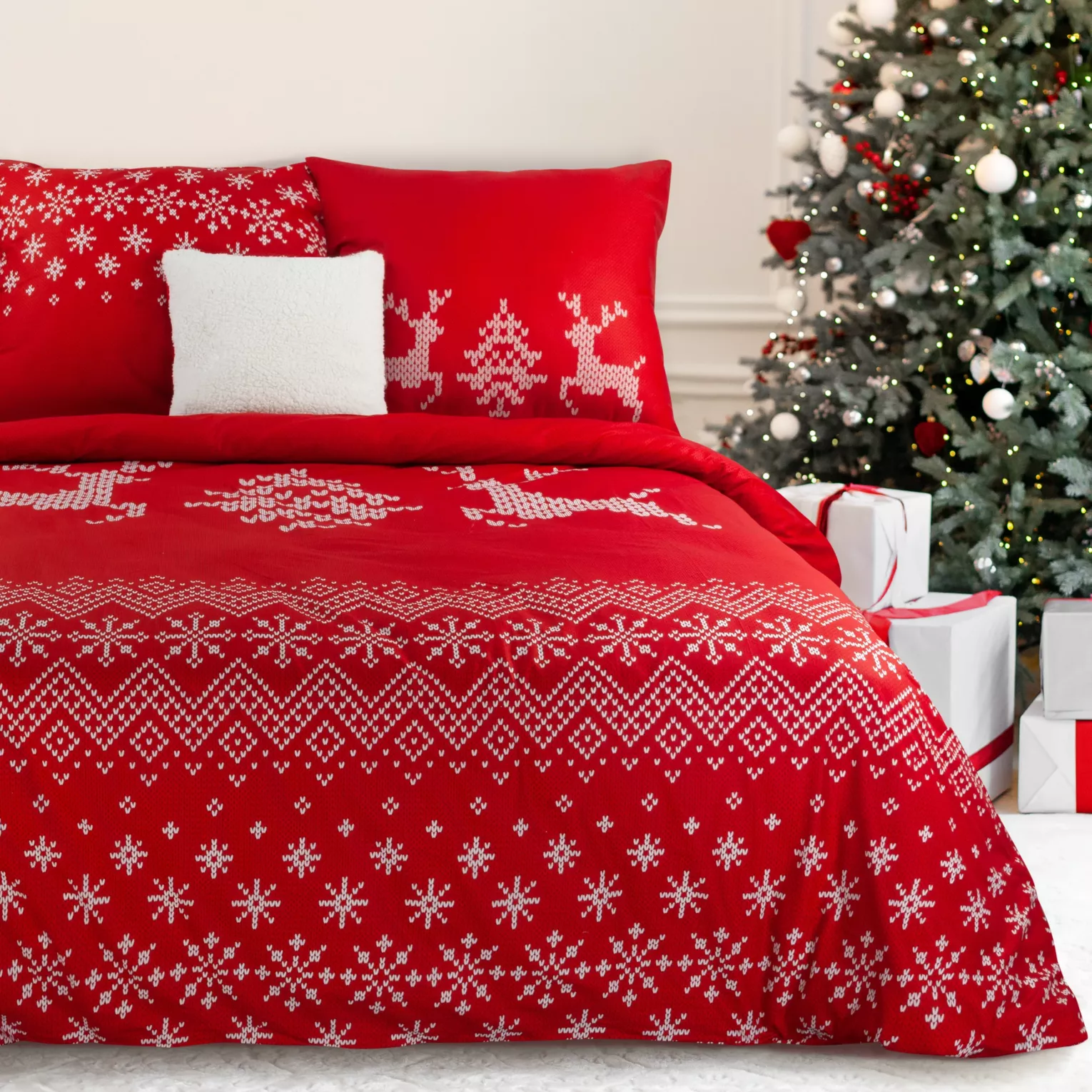 Pościel świąteczna 160x200 cm bawełniana kolor czerwony, biały styl skandynawski NOEL Eurofirany