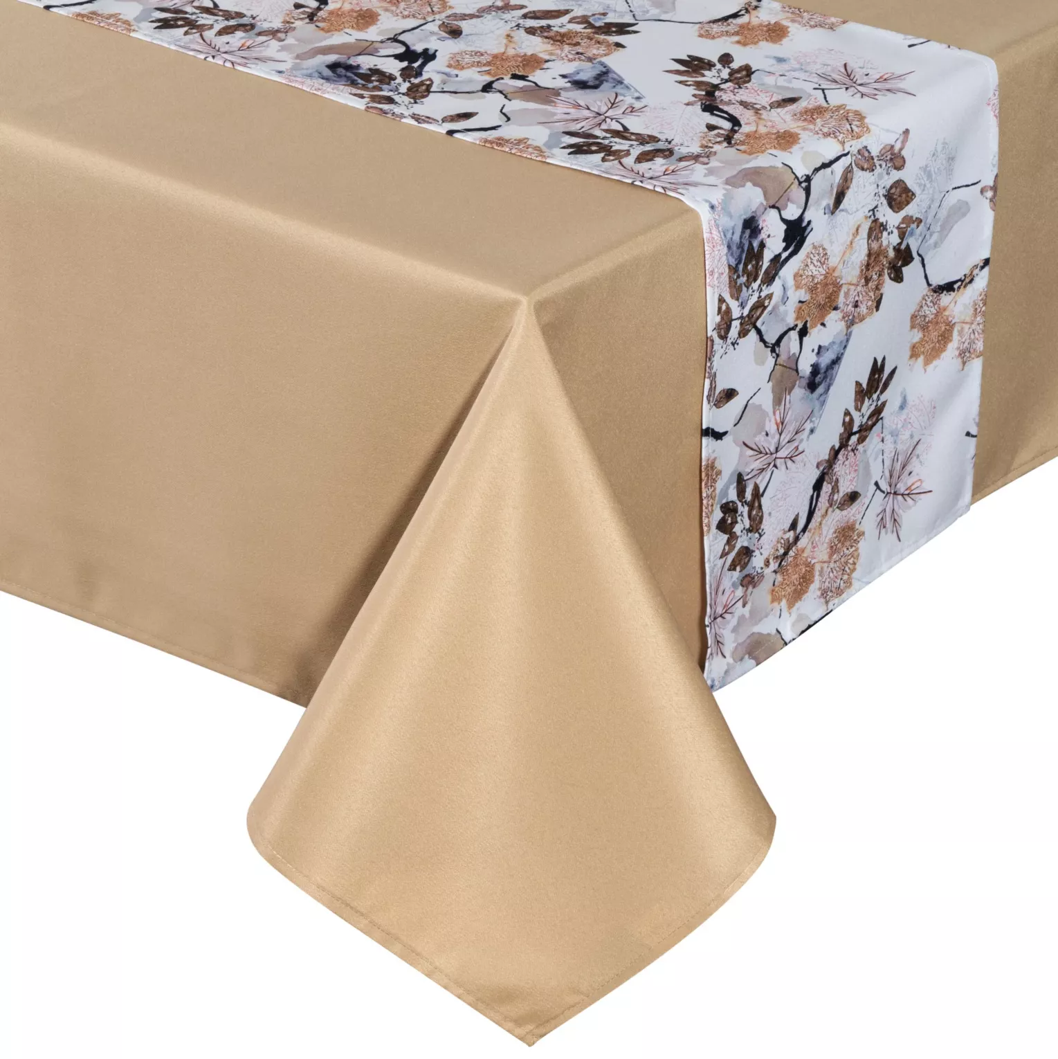 Komplet obrus z bieżnikiem złoto, biały 140x260/33x260 cm ANITA 5 zdobiony subtelnym wzorem liści