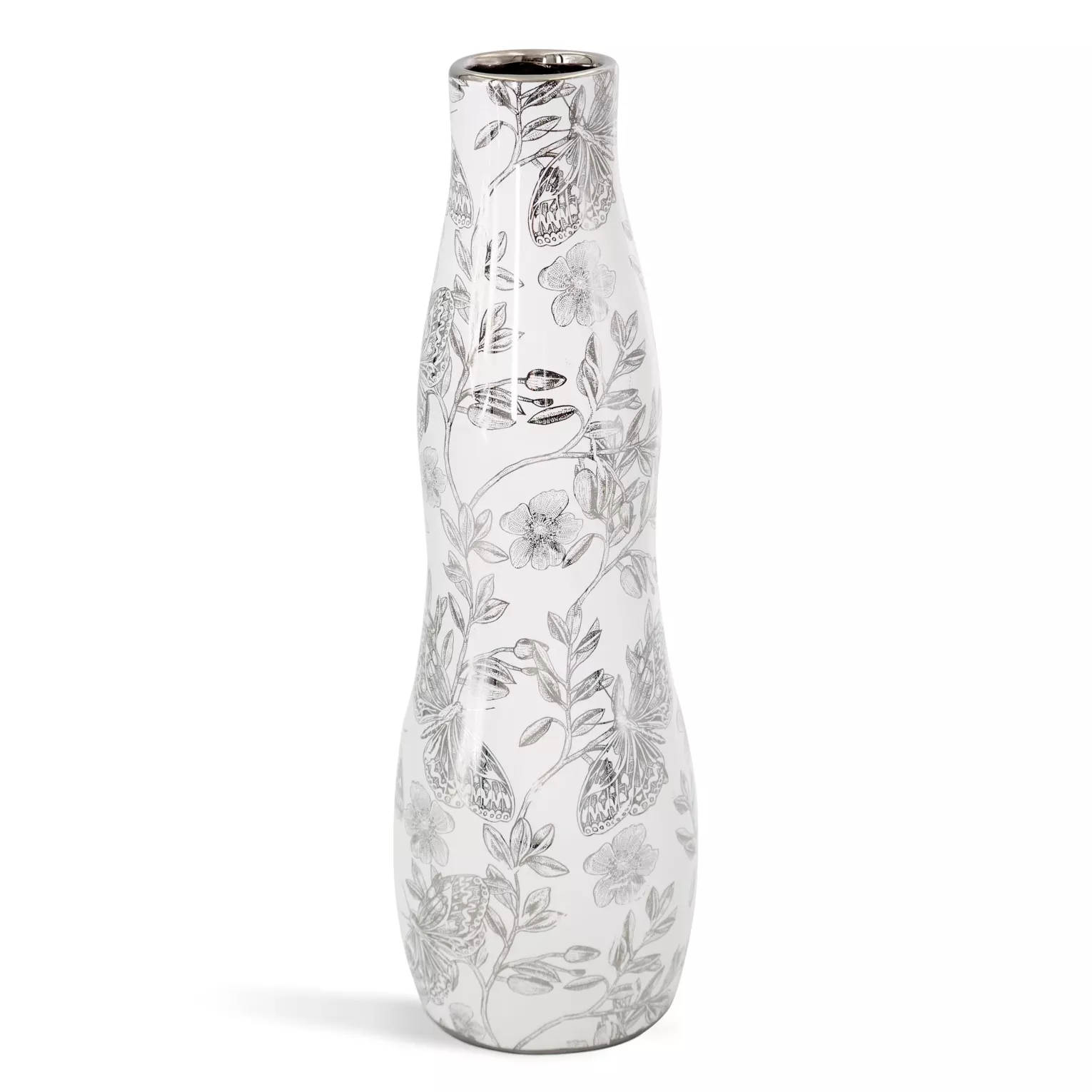 Wazon dekoracyjny biało, srebrny zdobiony roślinnym wzorem 11x35 cm RITA Eurofirany