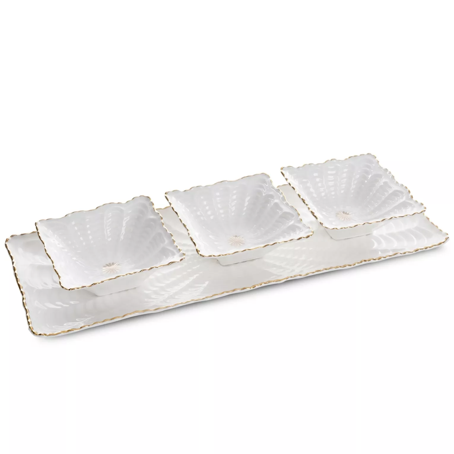 Patera ceramiczna dekoracyjna kremowo-złota z trzema miseczkami zdobiona wypukłym wzorem 42x16x2 cm GAIA Eurofirany