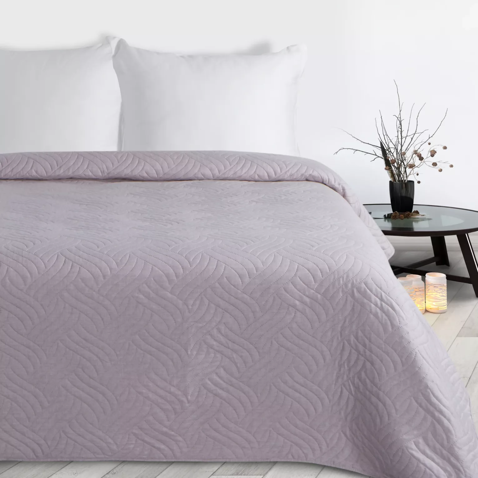 Narzuta imitująca len różowa 200x220 cm pikowana metodą hot press w geometryczny wzór  LEN Design 91 Eurofirany