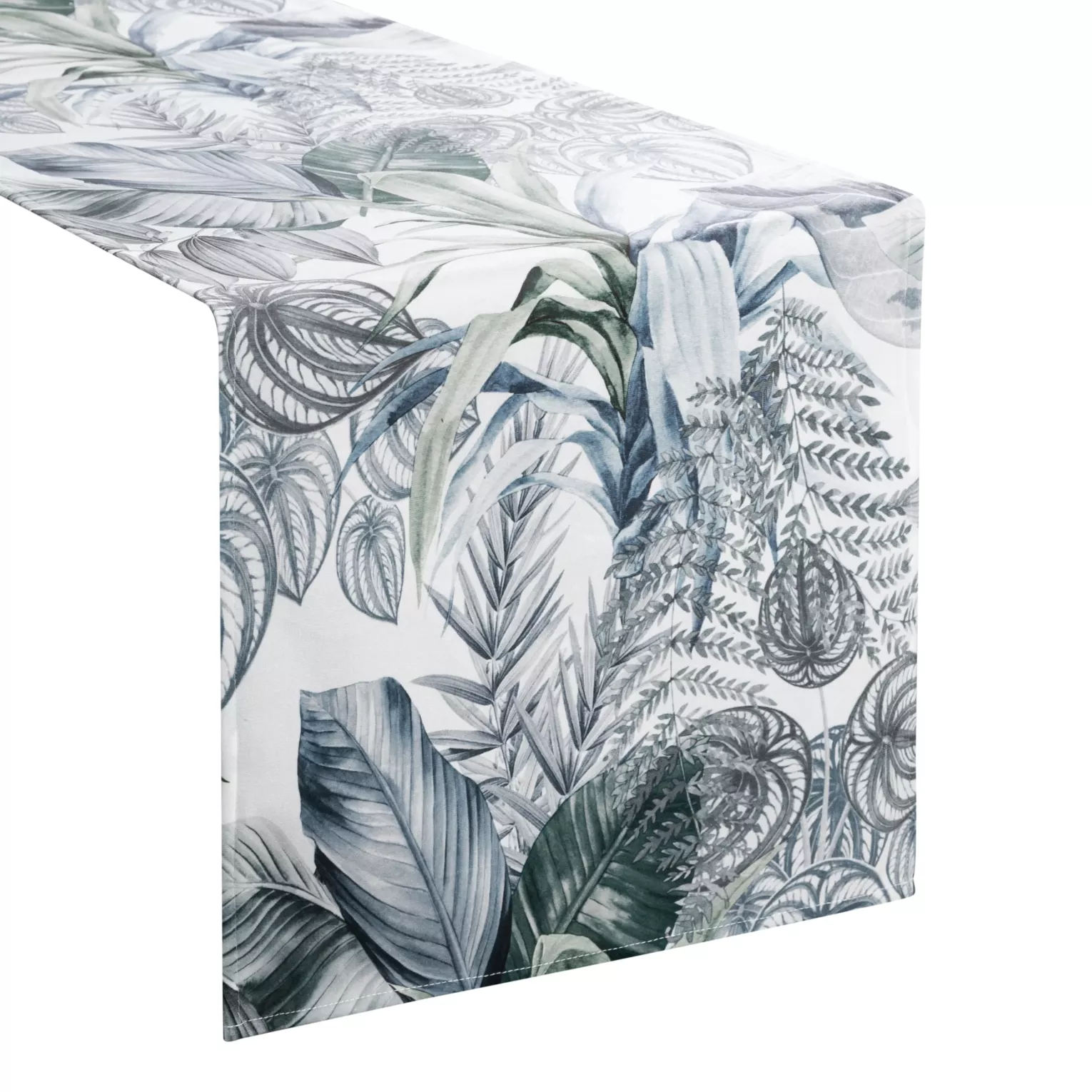 Bieżnik na stół 40x140 cm biało, zielony welwetowy DAVOS zdobiony nadrukiem egzotycznych liści DESIGN 91