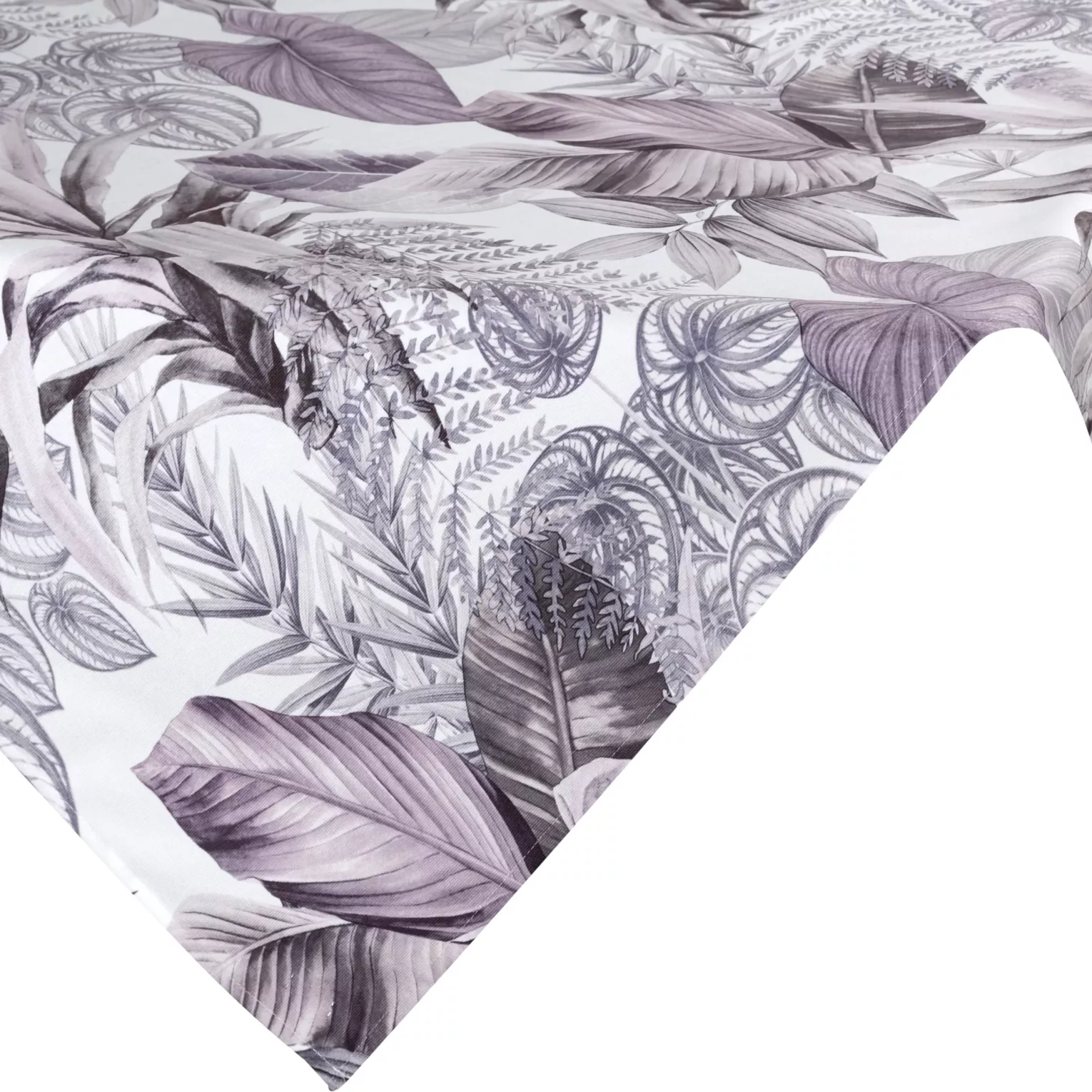 Bieżnik na stół 85x85 cm biało, fioletowy welwetowy DAVOS zdobiony nadrukiem egzotycznych liści DESIGN 91