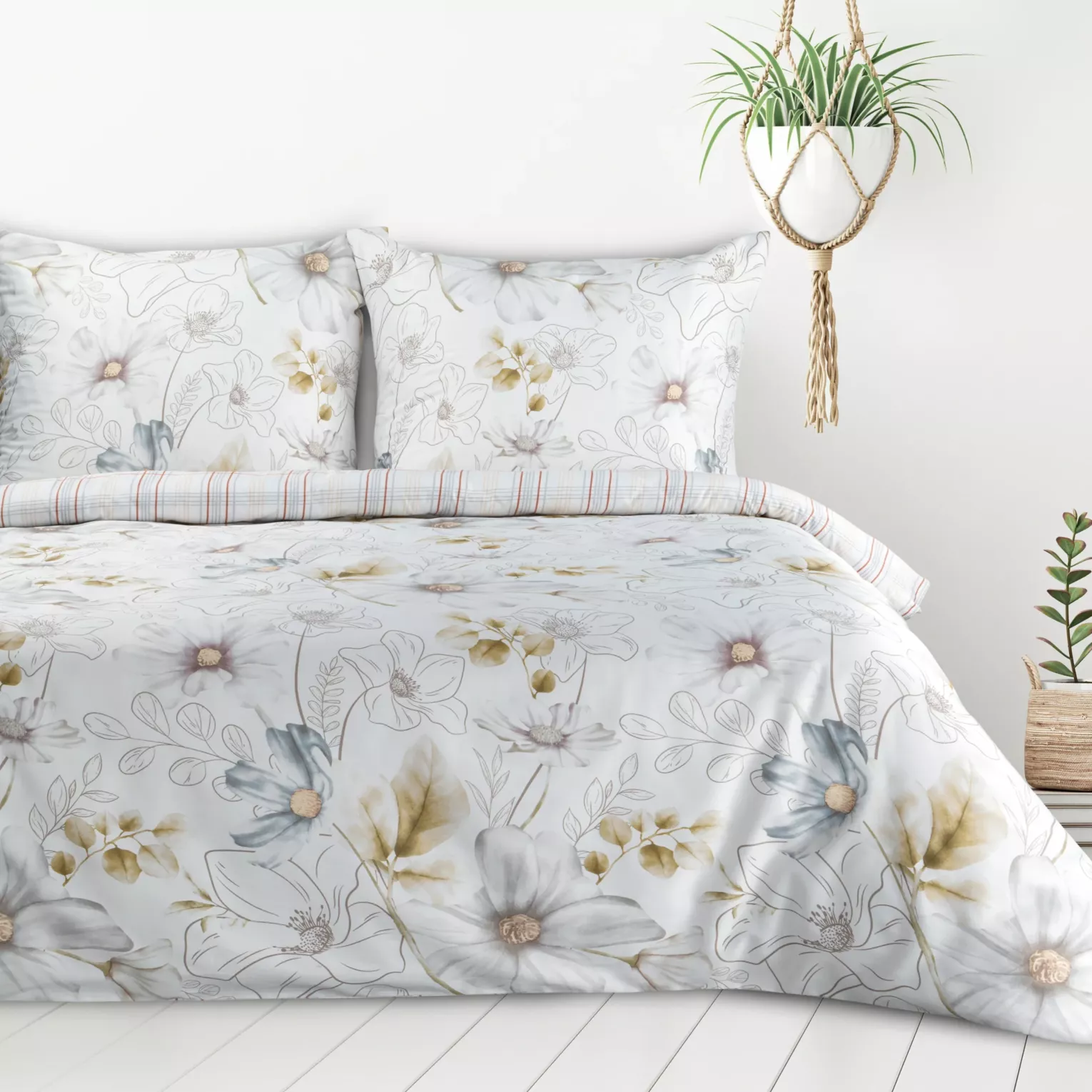 Pościel 140x200 cm komplet 2 częściowy z mieszanki włókien kolor biały, musztardowy z nadrukiem kwiatów LEA9 Design 91 Eurofirany