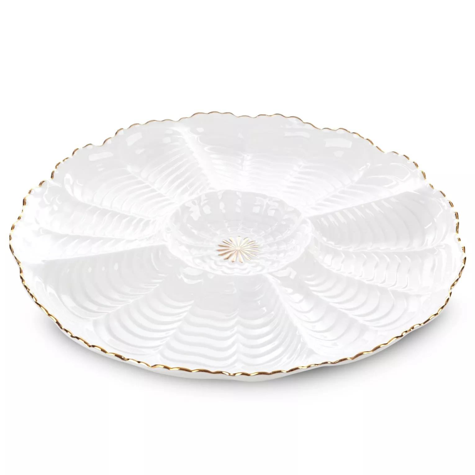 Patera ceramiczna dekoracyjna kremowo-złota z wypukłym wzorem i złotymi akcentami średnica 28x3 cm GAIA Eurofirany