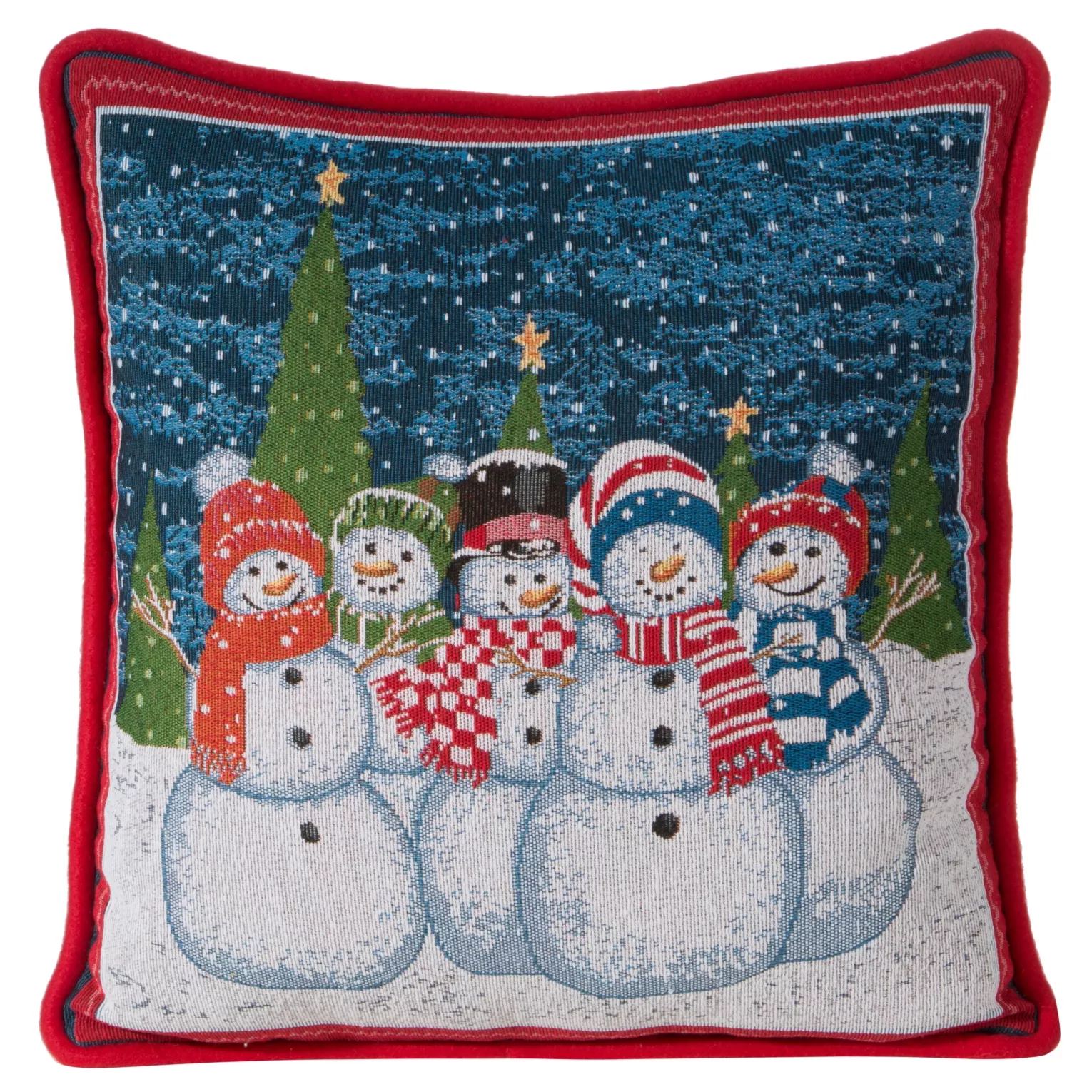 Poszewka na poduszkę 45x45 cm tkana z motywem bałwanków z miękką wypustką na brzegach czerwono, ciemnoniebieska XMAS Eurofirany