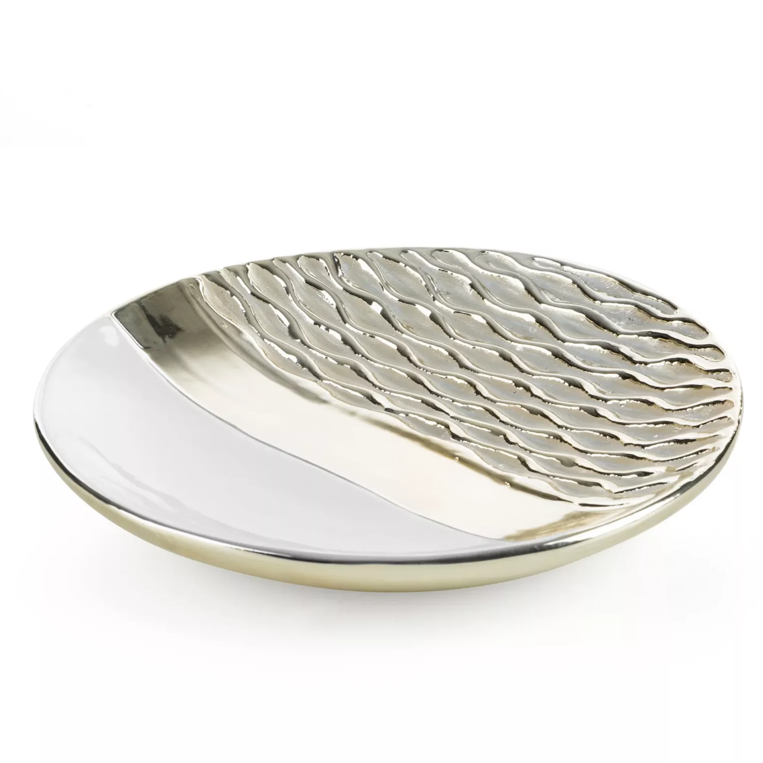 Patera ceramiczna dekoracyjna biało-szampańska zdobiona wytłaczanym wzorem średnica 29x4 cm DOLY Eurofirany