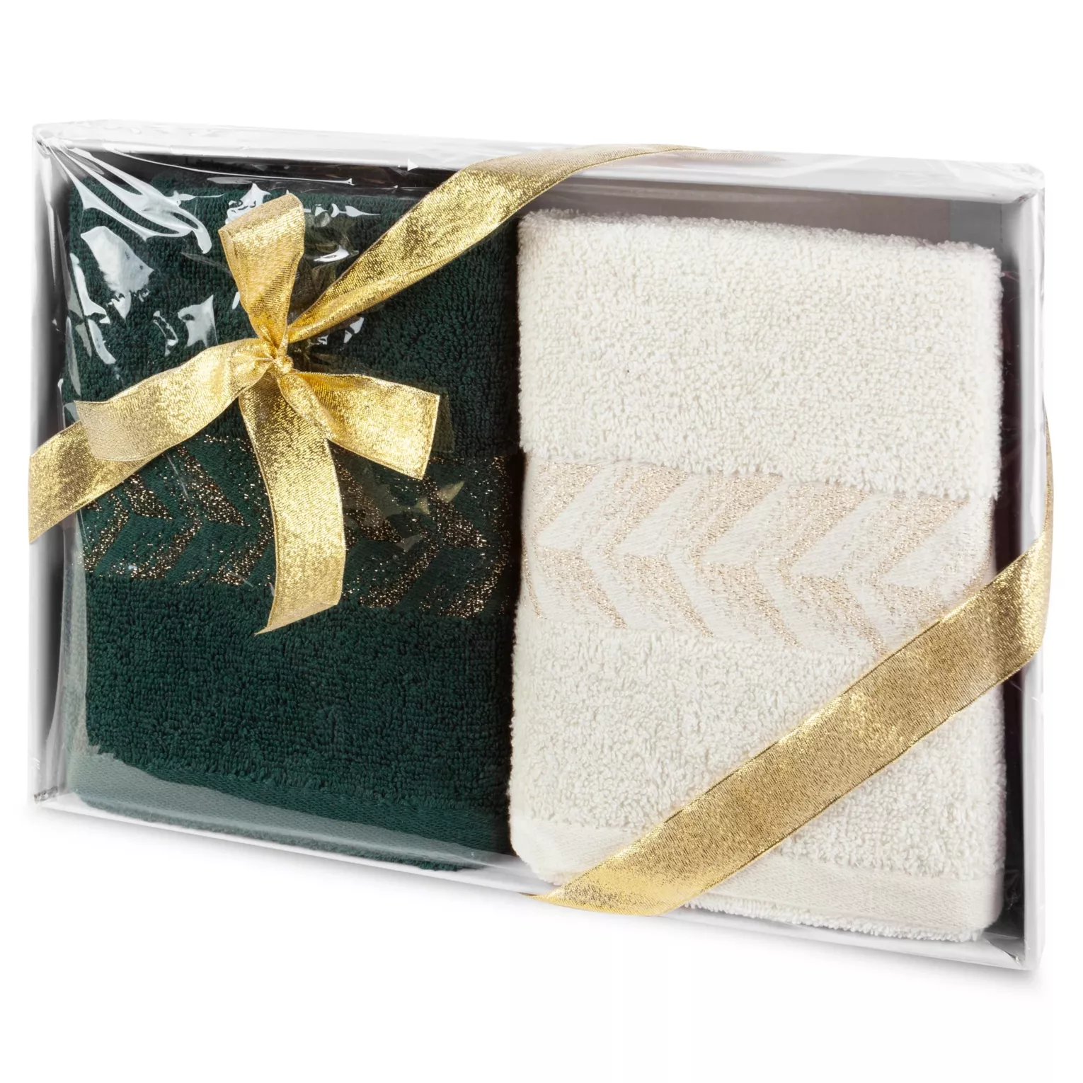 Zestaw ręczników bawełnianych 2 szt 50x90 cm kolor kremowy, ciemnozielony 450 g/m2 GLOW Eurofirany