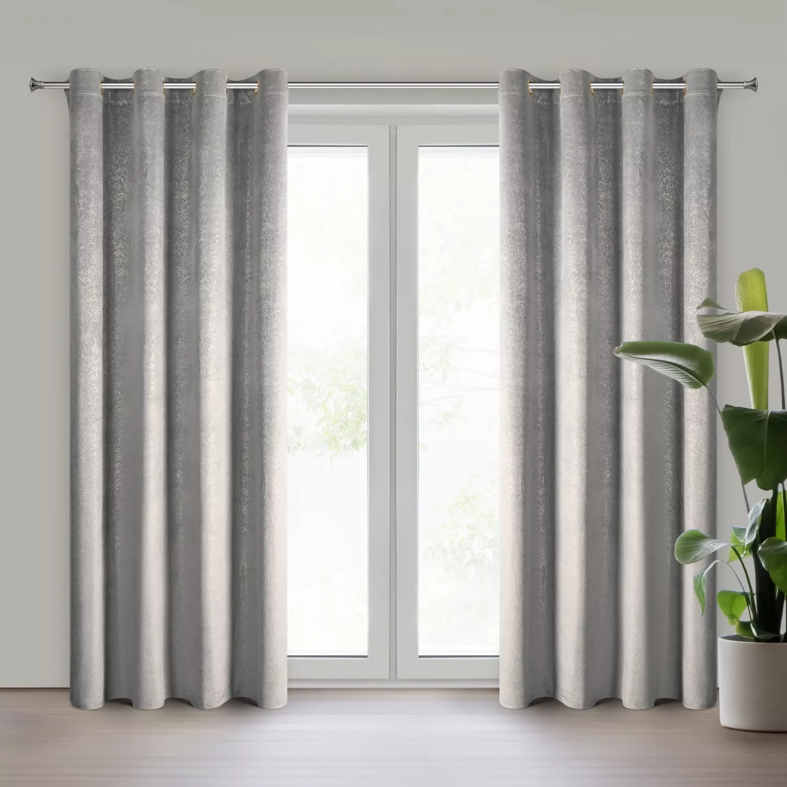 Zasłona srebrno, złota z welwetu zdobiona nakrapianym nadrukiem 135x250 cm przelotki - BETHY Eurofirany