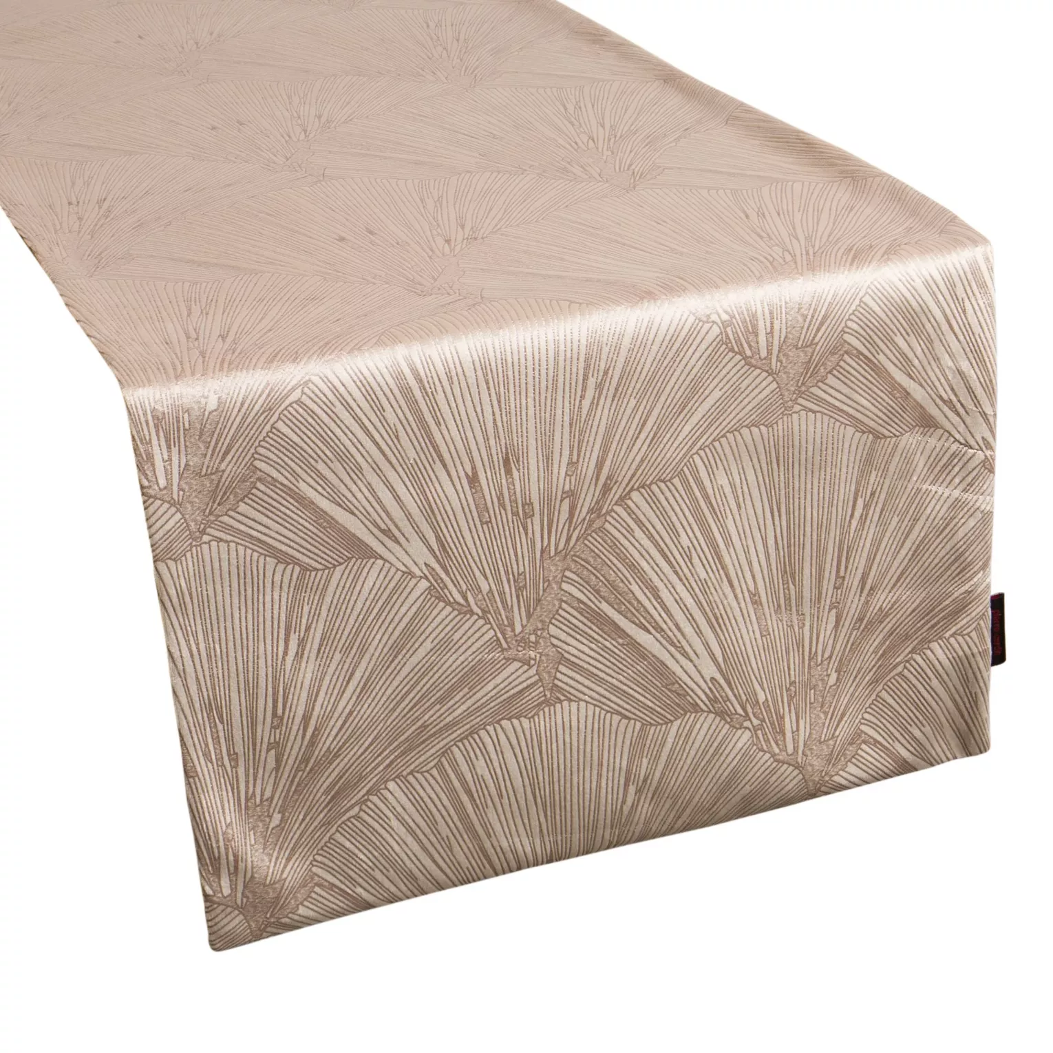 Bieżnik na stół beżowy 40x140 cm welwetowy GOJA z błyszczącym nadrukiem w formie liści miłorzębu PIERRE CARDIN