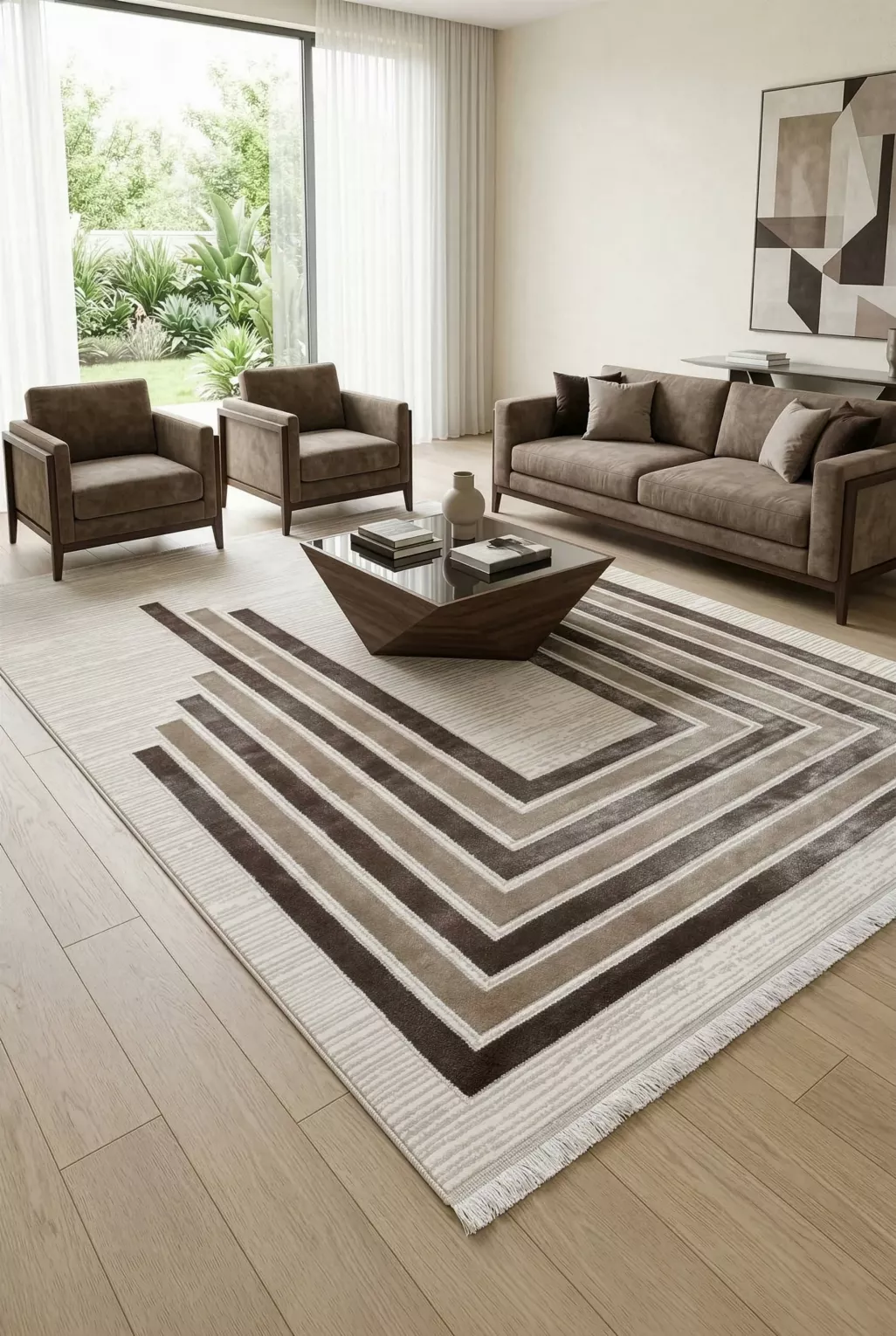 Dywan 60x100 cm biało, brązowy zdobiony geometrycznym wzorem AURA6 Eurofirany