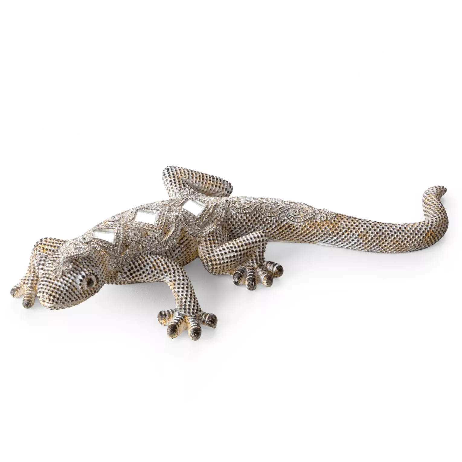 Figurka srebrno-złota jaszczurka o drobnym strukturalnym wzorze 25x11x5 cm GATOS Eurofirany