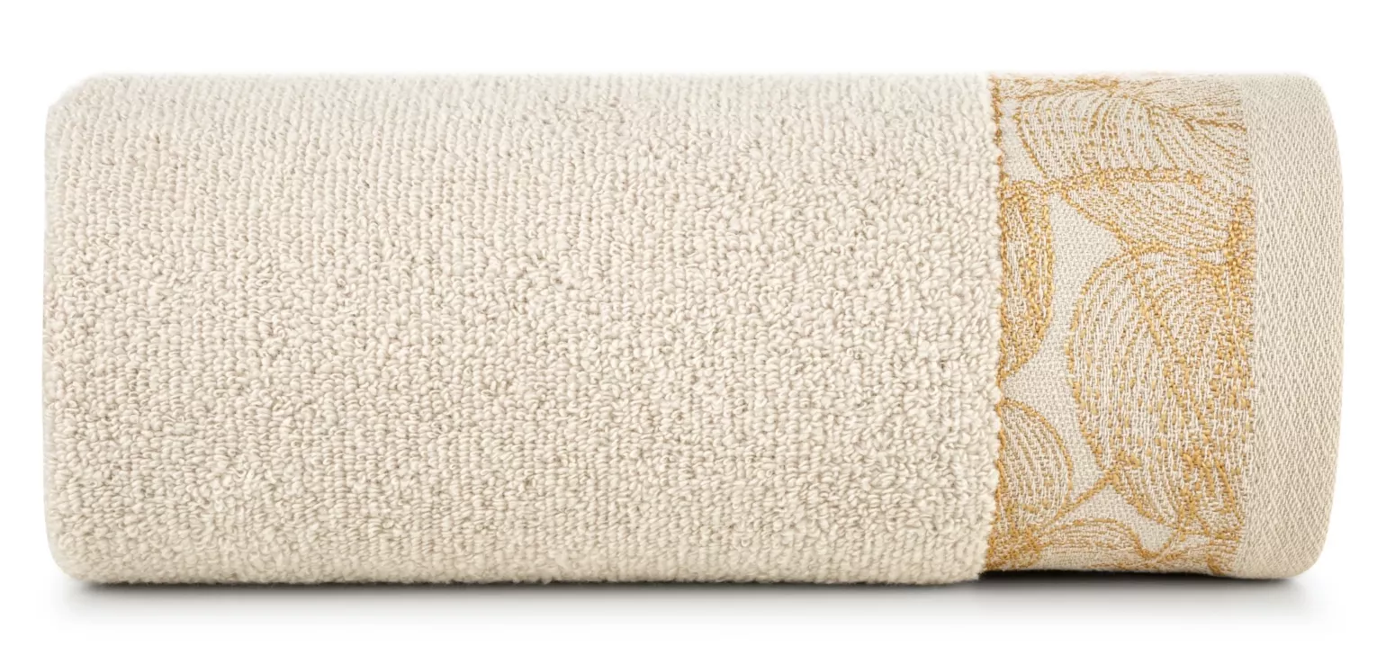 Ręcznik do rąk 30x50 cm bawełniany kolor beżowy,złoty z żakardową bordiurą w liście 400 g/m2 AGIS Eurofirany