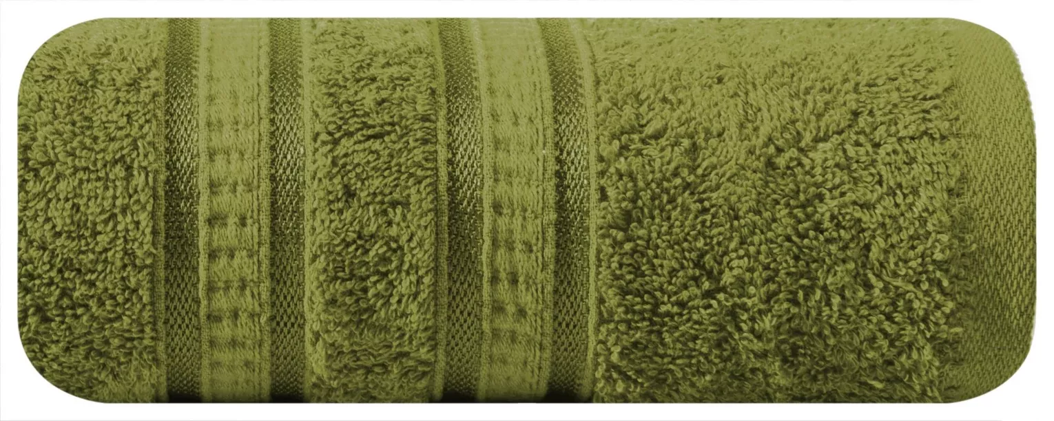 Ręcznik kąpielowy 50x90 cm bambusowy kolor oliwkowy zdobiony bordiurą w pasy 500 g/m2 MILA Eurofirany