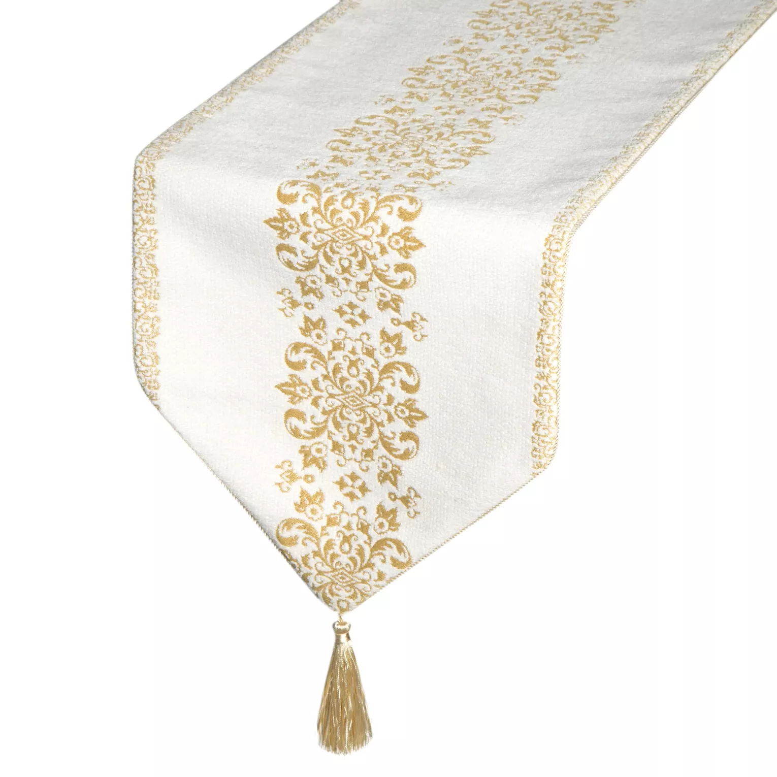 Bieżnik na stół biały 30x180 cm MAJORKA w stylu glamour zdobiony złotym ornamentem i chwostami