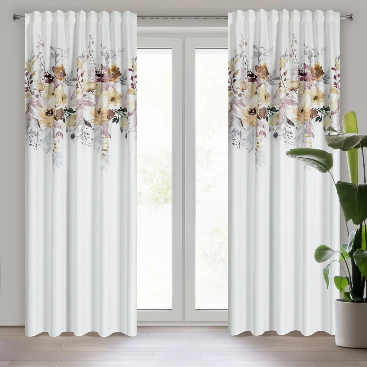 Zasłona biało, żółta z motywem roślinnym 140x270 cm taśma/flex SENDI Eurofirany