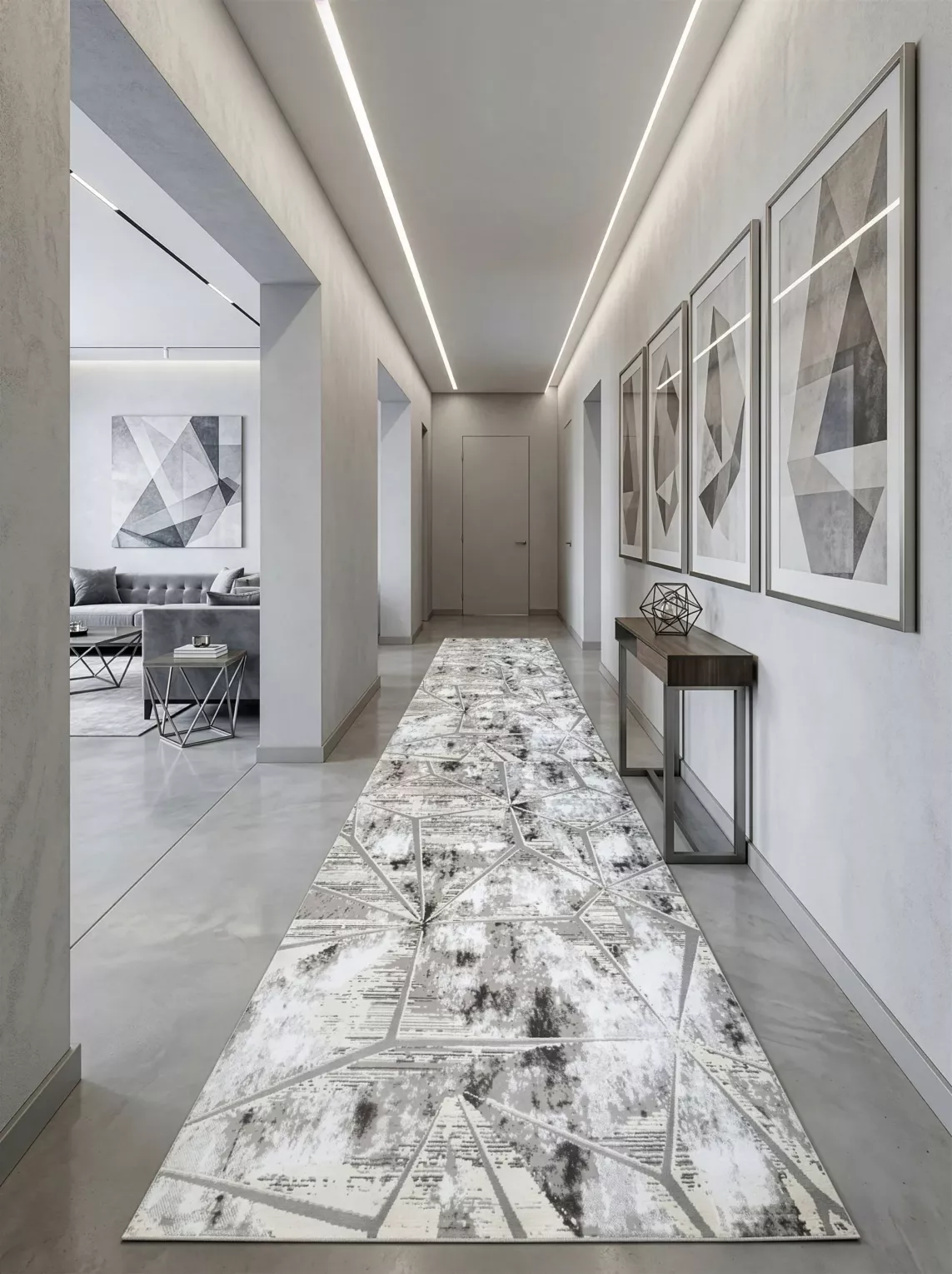 Dywan 60x100 cm stalowo, biały zdobiony geometrycznym przestrzennym wzorem MILAN5 Eurofirany