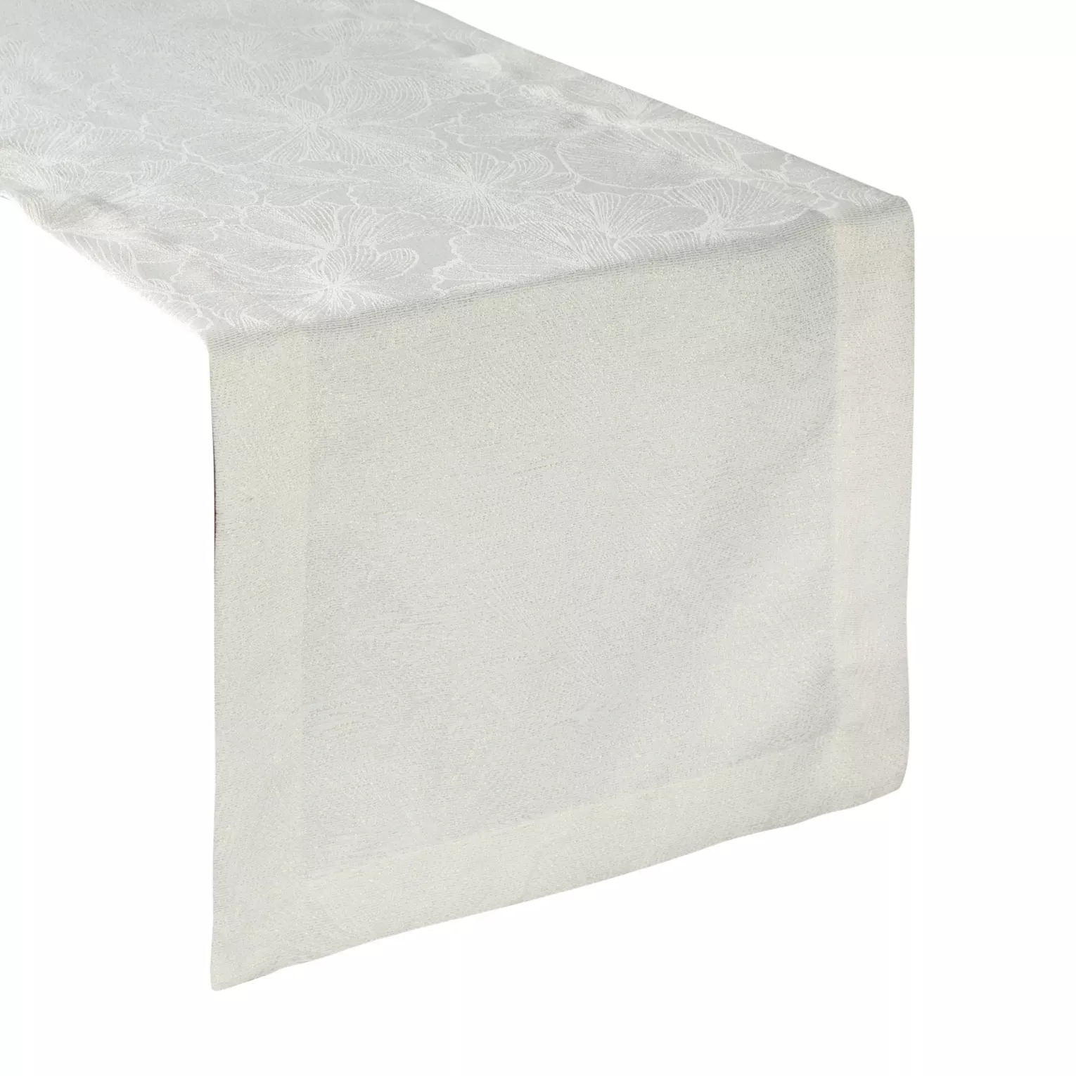 Bieżnik na stół kremowy 40x200 cm LILIAN z delikatnym wzorem liści z tkaniny przeplatanej złotą nicią z elegancką podwójną listwą