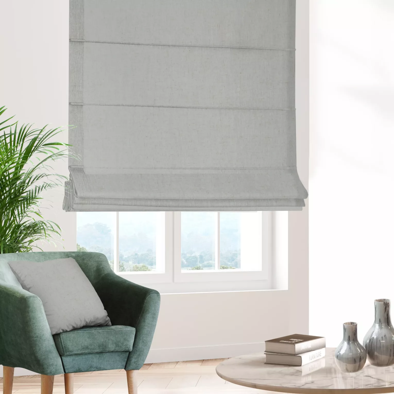 Roleta rzymska popielata z tkaniny blackout zaciemniającej w 100% o naturalnej strukturze