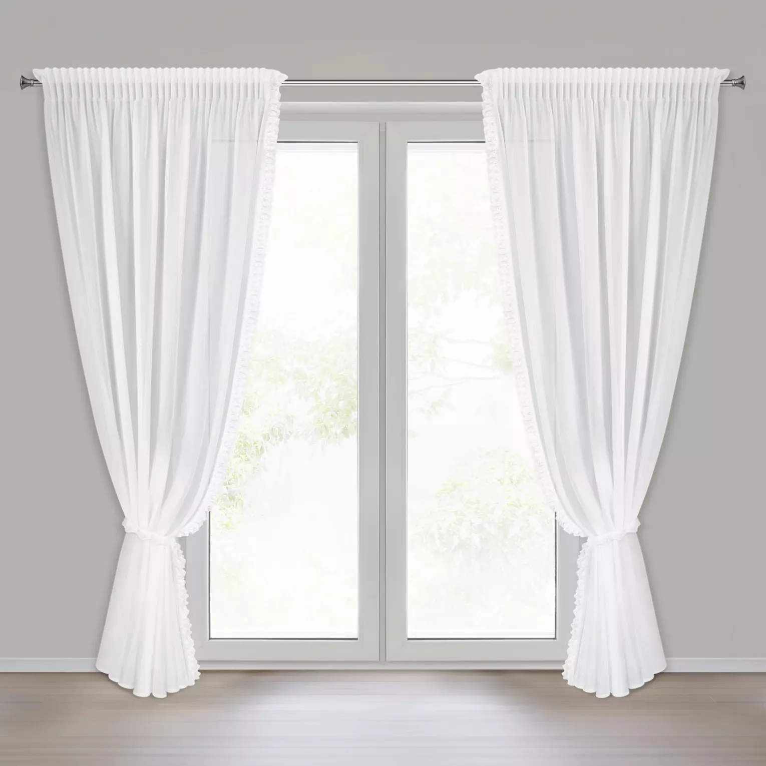 Komplet firan białych zdobionych aplikacją z gipiurą z perełkami 140x270 cm taśma+troczek ELENA Eurofirany
