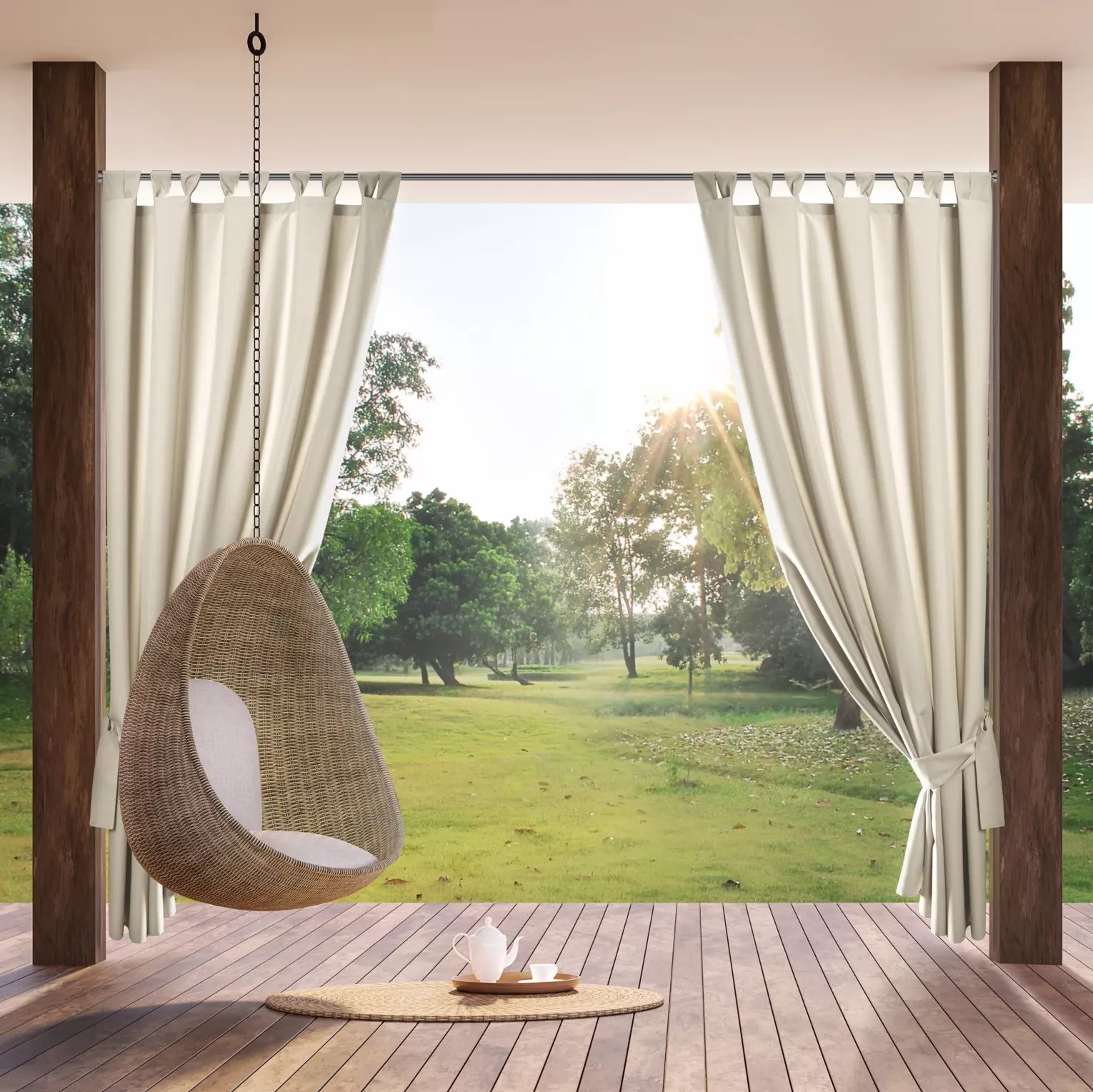 Zasłona jasnobeżowa z wodoodpornej tkaniny idealna do ogrodu i na taras 155x260 cm szelki/rzep GARDEN Eurofirany