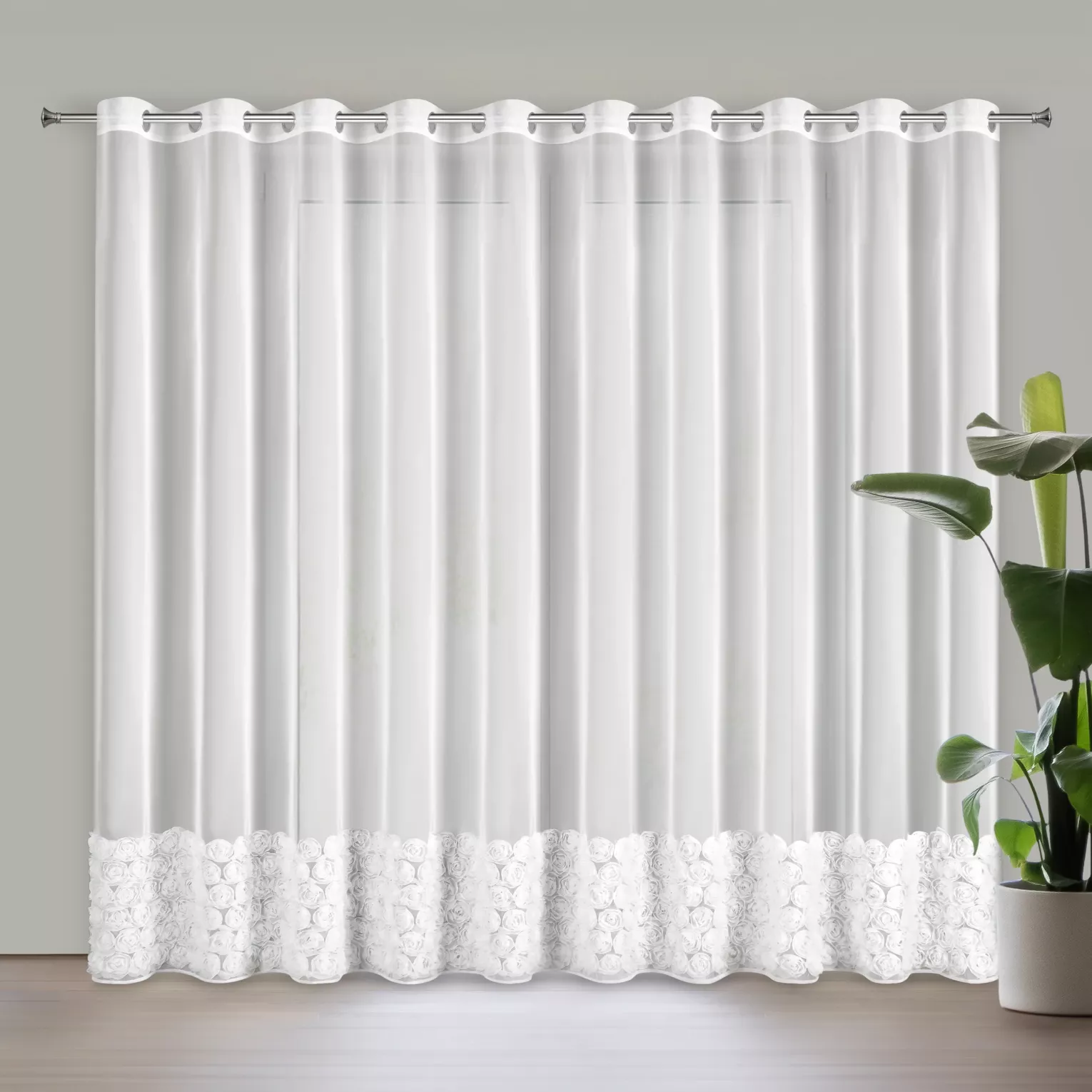 Firana z siateczki biała zdobiona pasem aplikacji róż 3D 350x250 cm przelotka ROSES Eva Minge Eurofirany
