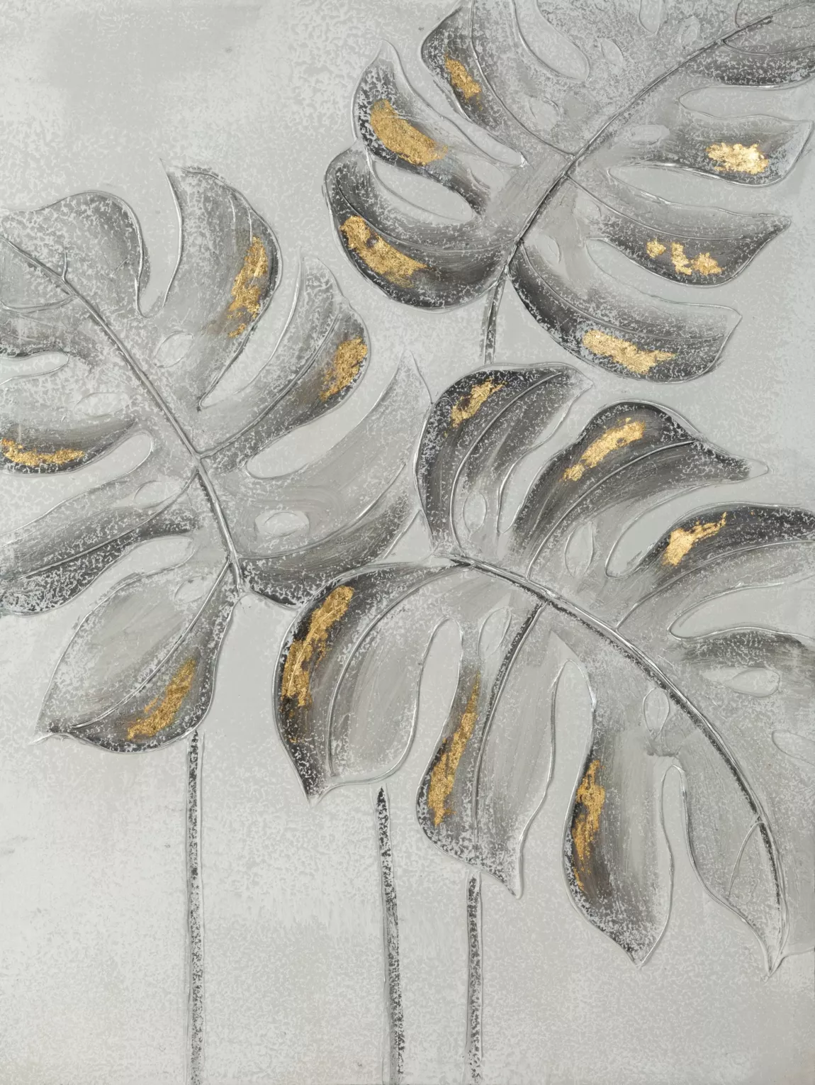 Obraz roślinny szaro, złoty ręcznie malowane na płótnie liście monstery 60x80 cm BOTANIC  Eurofirany